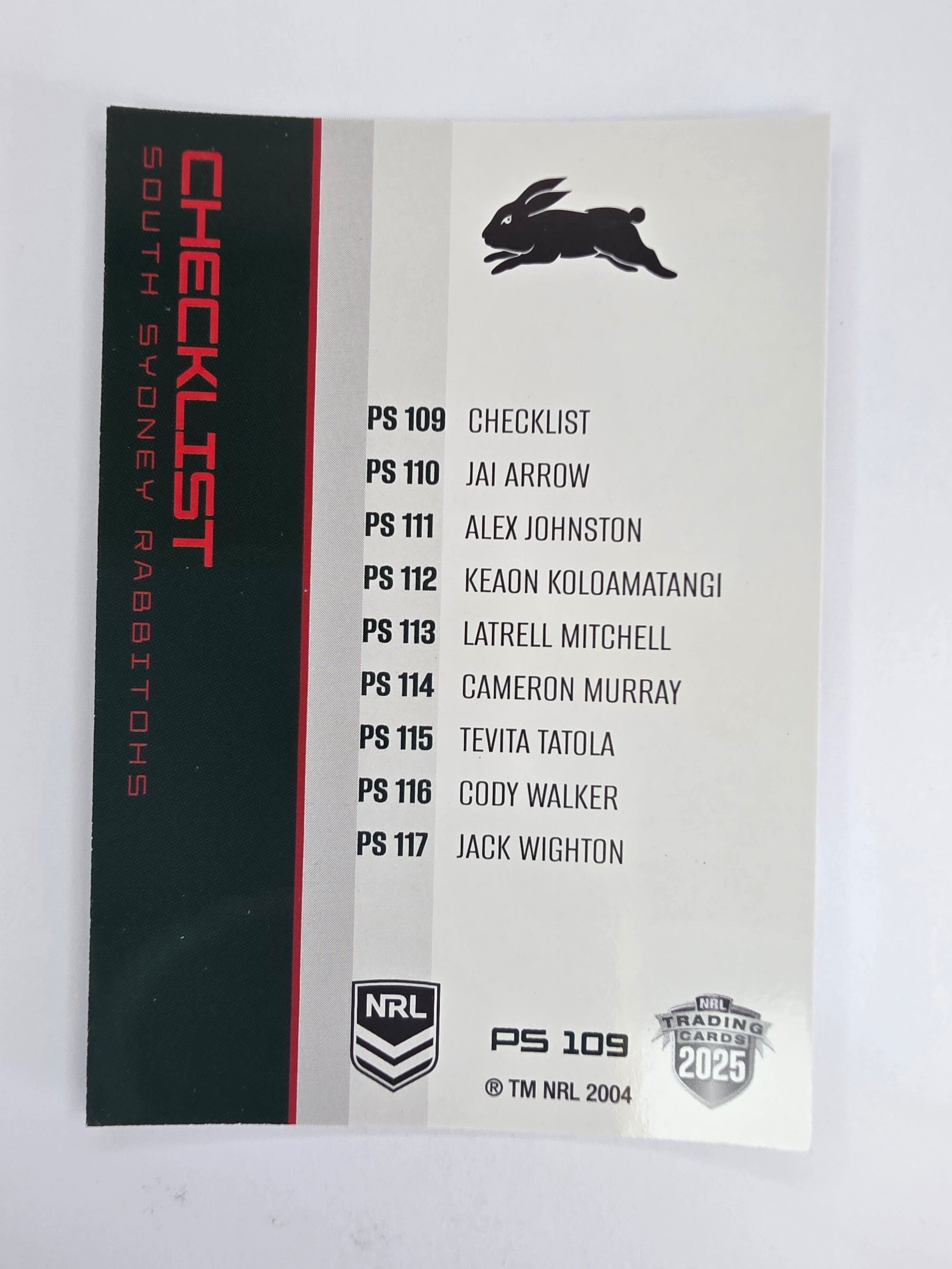 NRL 2025 Traders Silver Parallel #109 Checklist South Sydney Rabbitohs