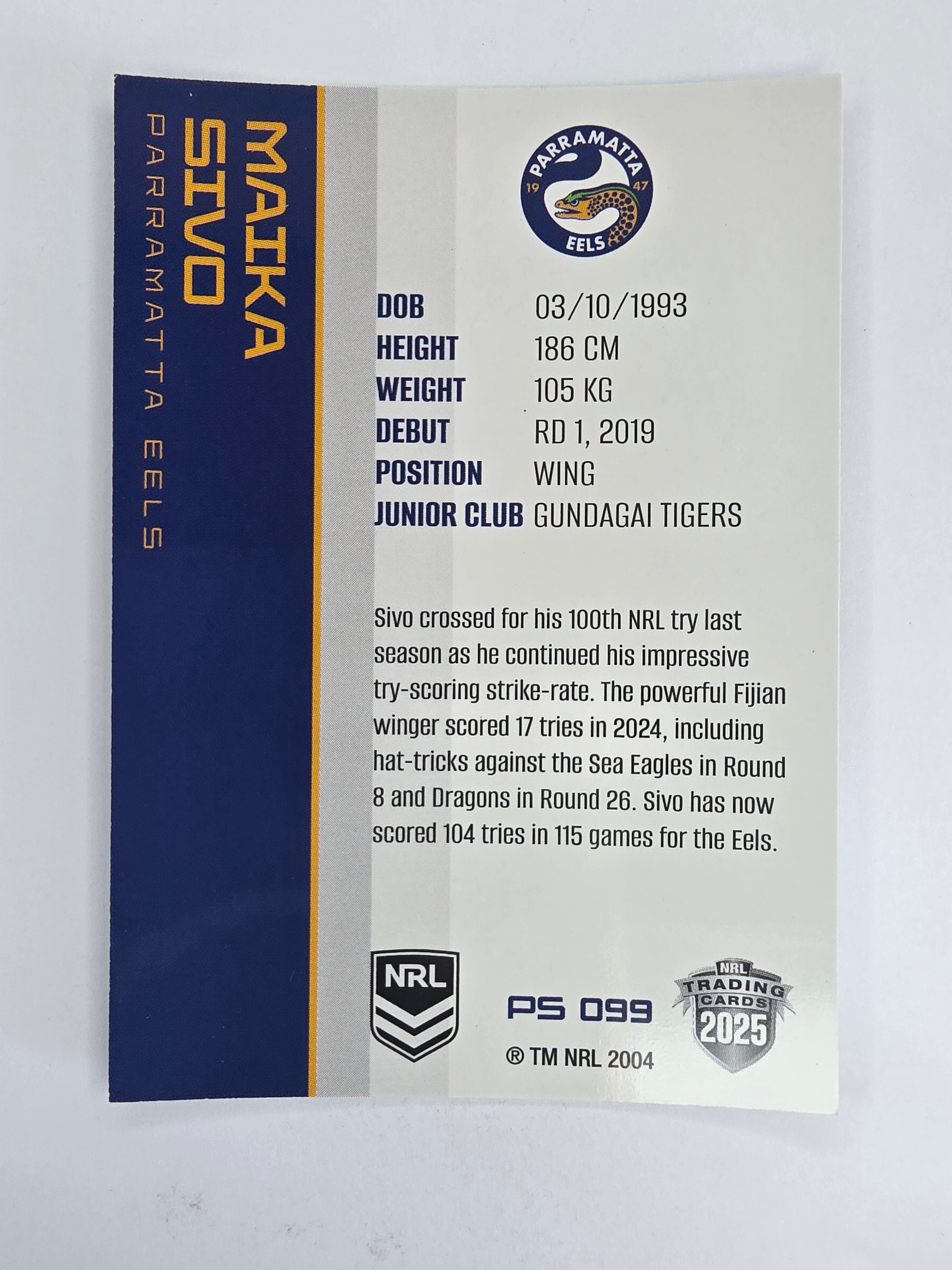 NRL 2025 Traders Silver Parallel #099 Maika Sivo Parramatta Eels