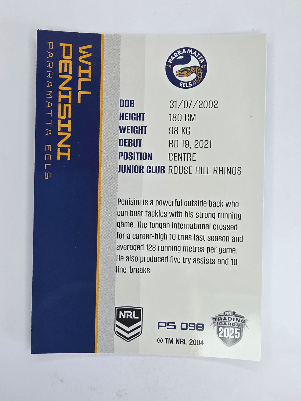 NRL 2025 Traders Silver Parallel #098 Will Penisini Parramatta Eels
