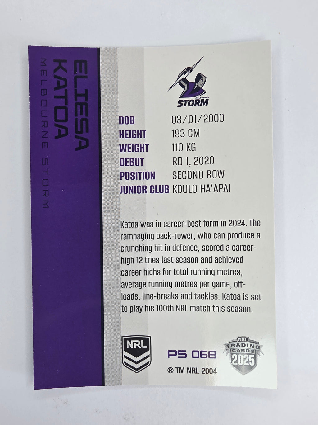 NRL 2025 Traders Silver Parallel #068 Eliesa Katoa Melbourne Storm