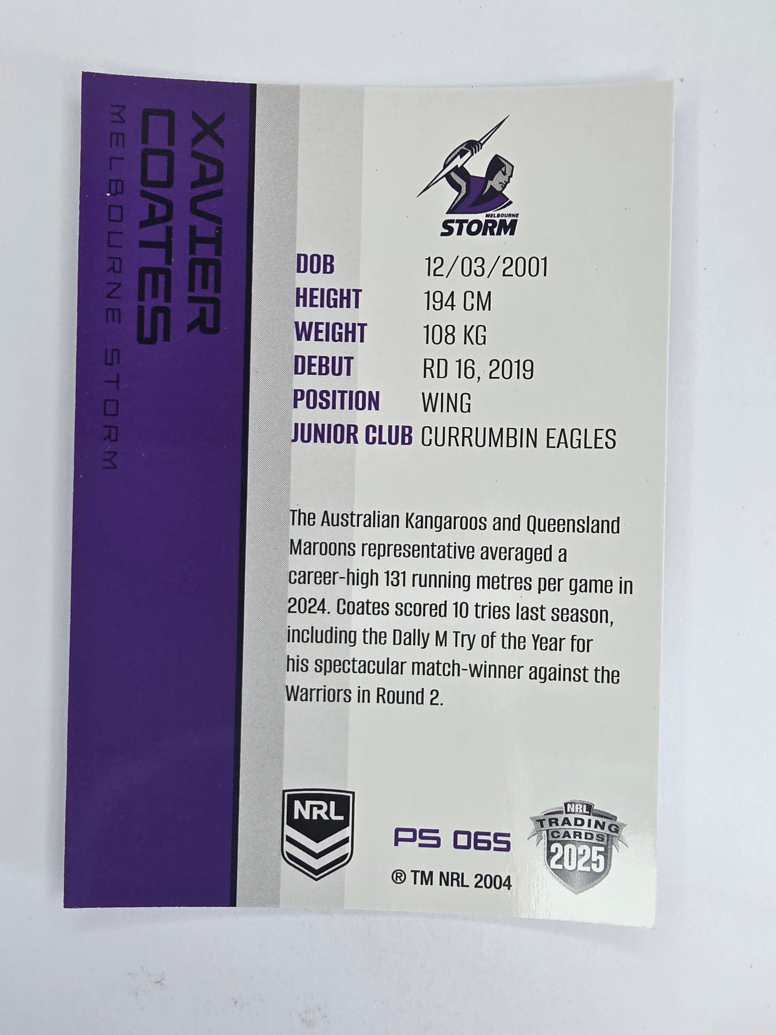 NRL 2025 Traders Silver Parallel #065 Xavier Coates Melbourne Storm