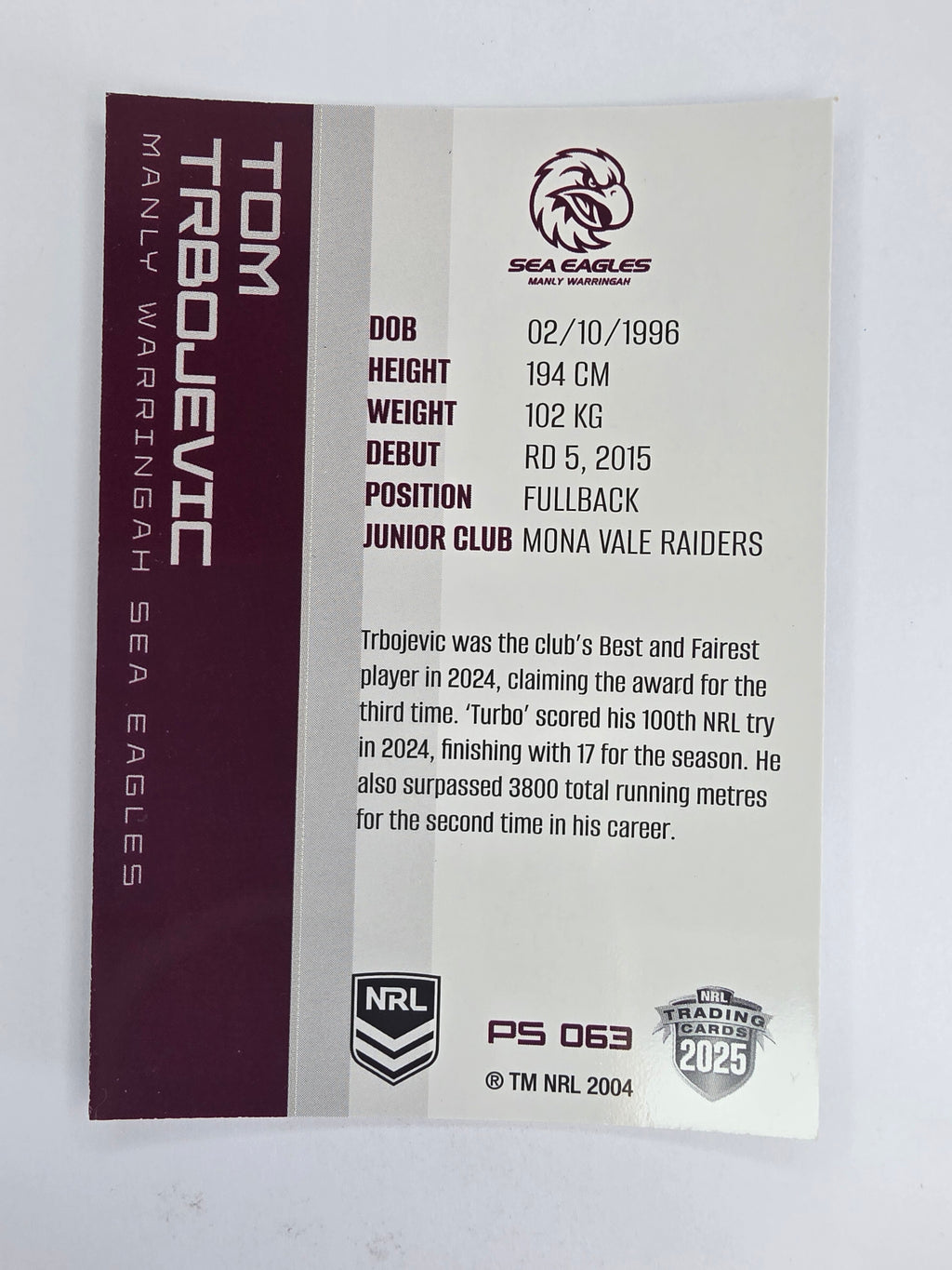 NRL 2025 Traders Silver Parallel #063 Tom Trbojevic Manly Warringah Sea Eagles