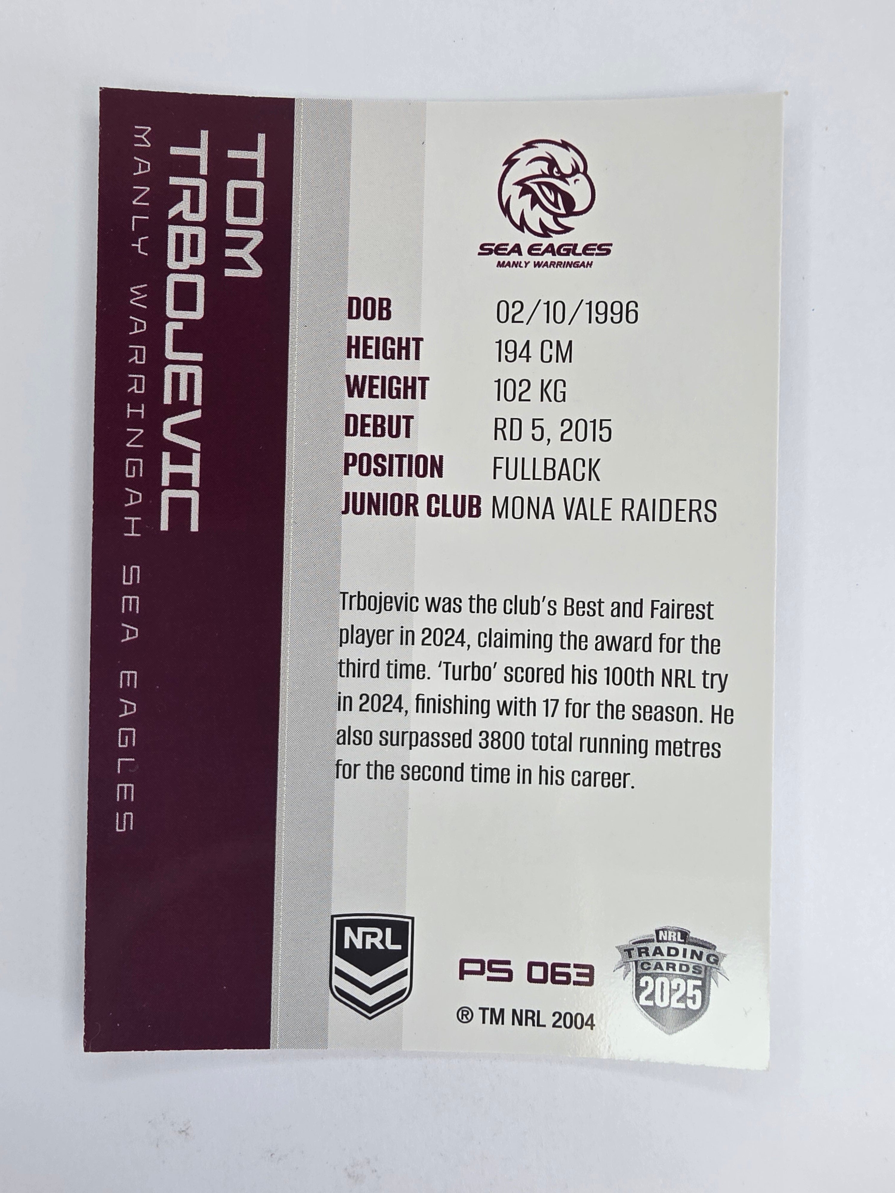 NRL 2025 Traders Silver Parallel #063 Tom Trbojevic Manly Warringah Sea Eagles