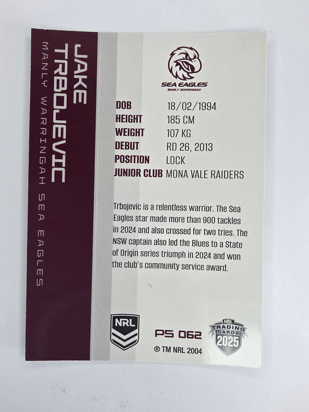 NRL 2025 Traders Silver Parallel #062 Jake Trbojevic Manly Warringah Sea Eagles