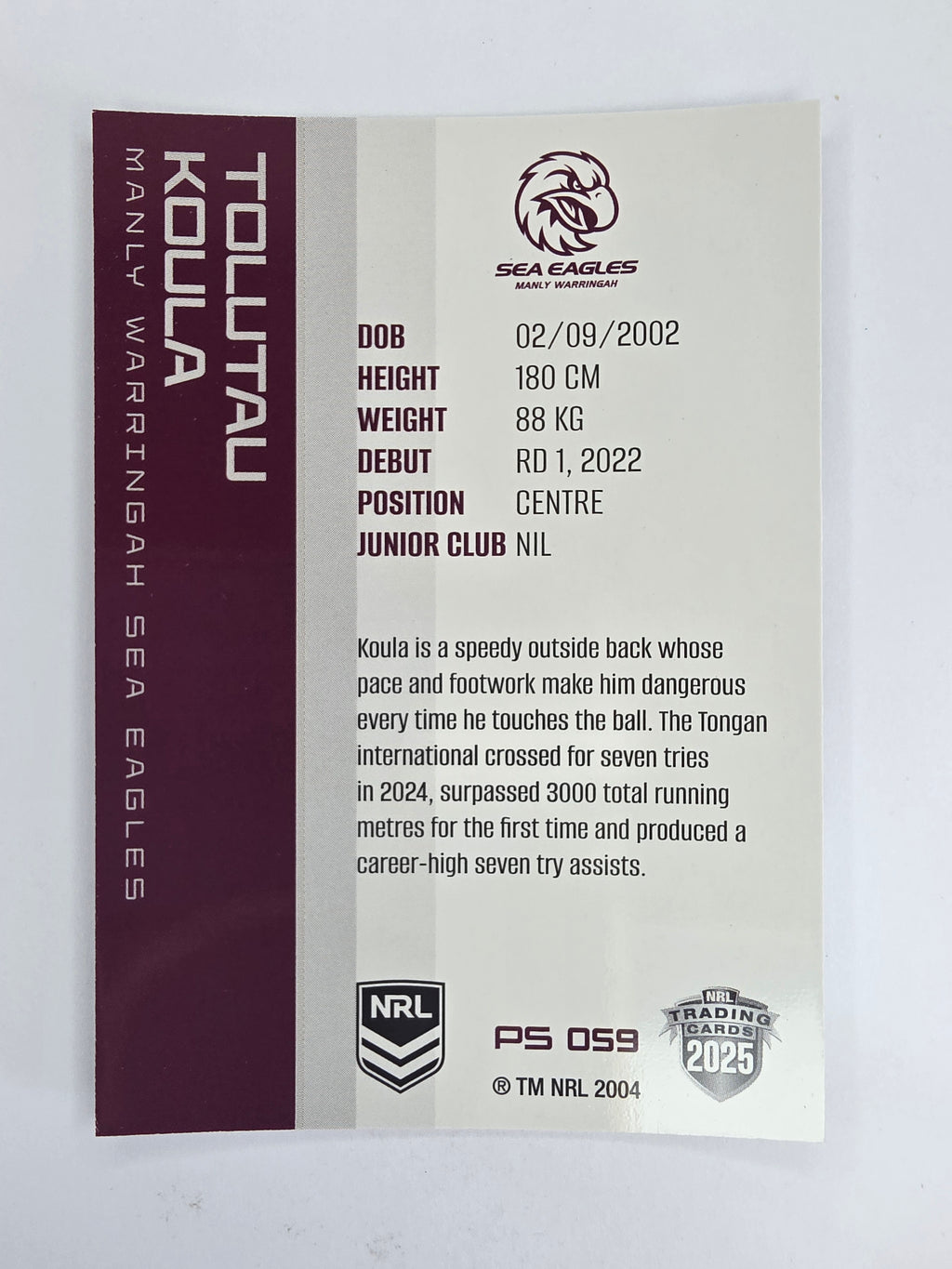 NRL 2025 Traders Silver Parallel #059 Tolutau Koula Manly Warringah Sea Eagles