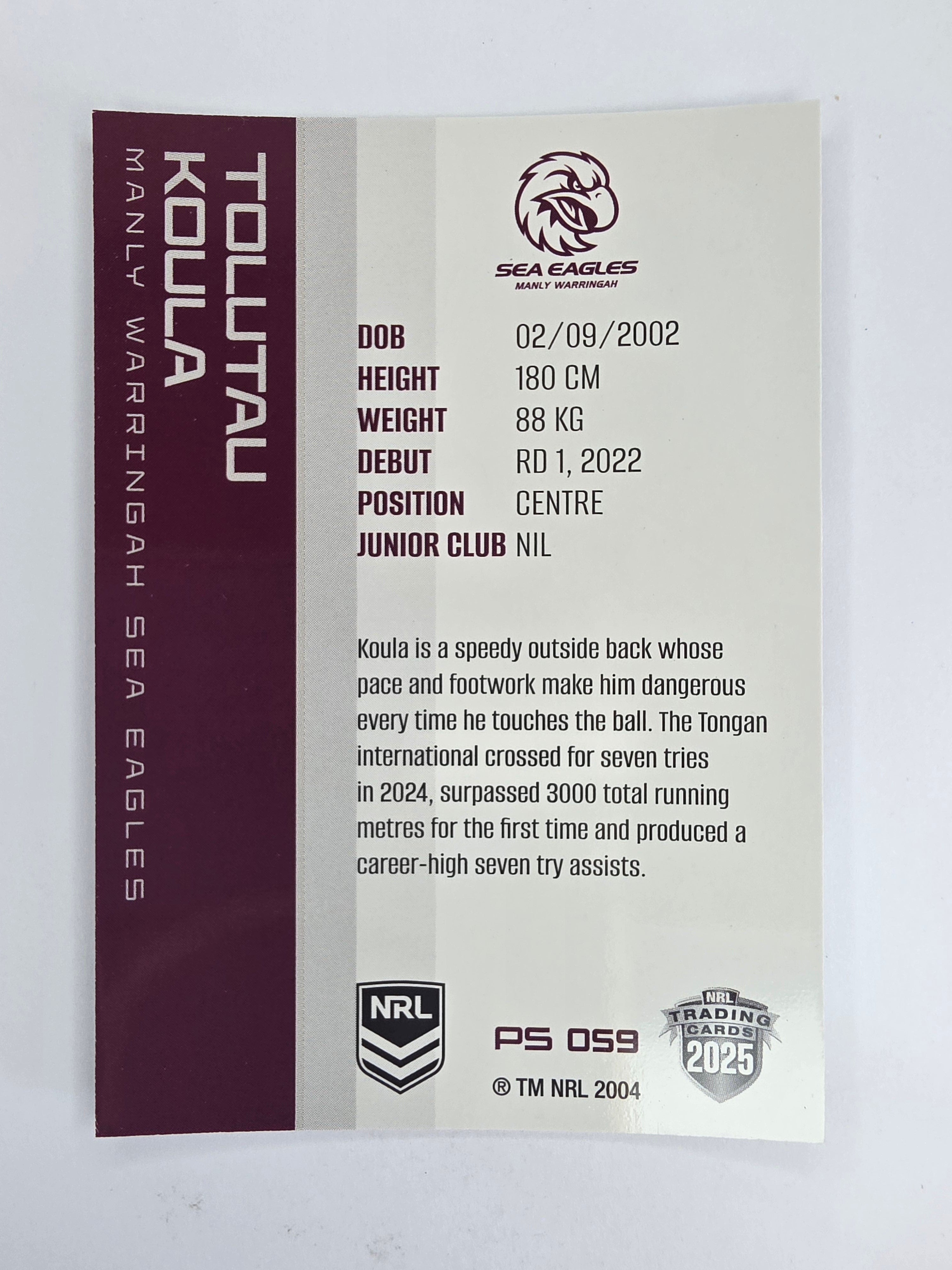 NRL 2025 Traders Silver Parallel #059 Tolutau Koula Manly Warringah Sea Eagles