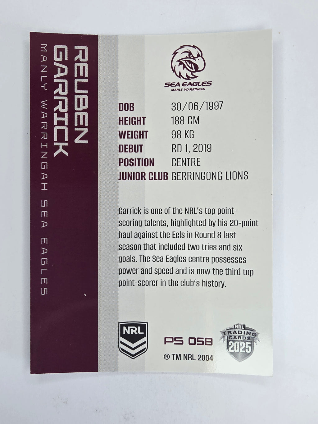 NRL 2025 Traders Silver Parallel #058 Reuben Garrick Manly Warringah Sea Eagles