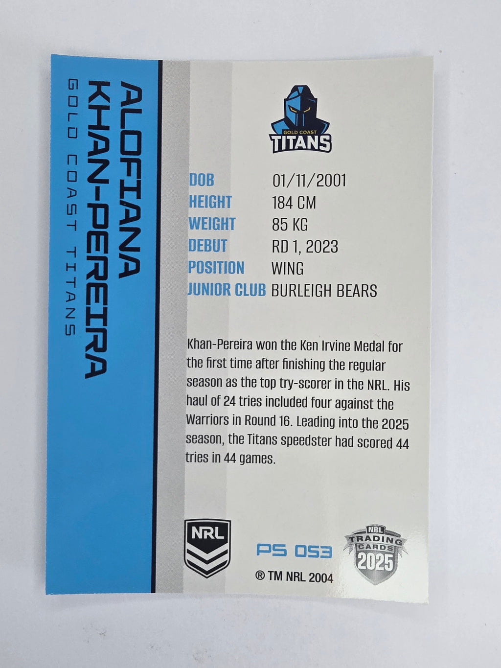 NRL 2025 Traders Silver Parallel #053 Alofiana Khan-Pereira Gold Coast Titans