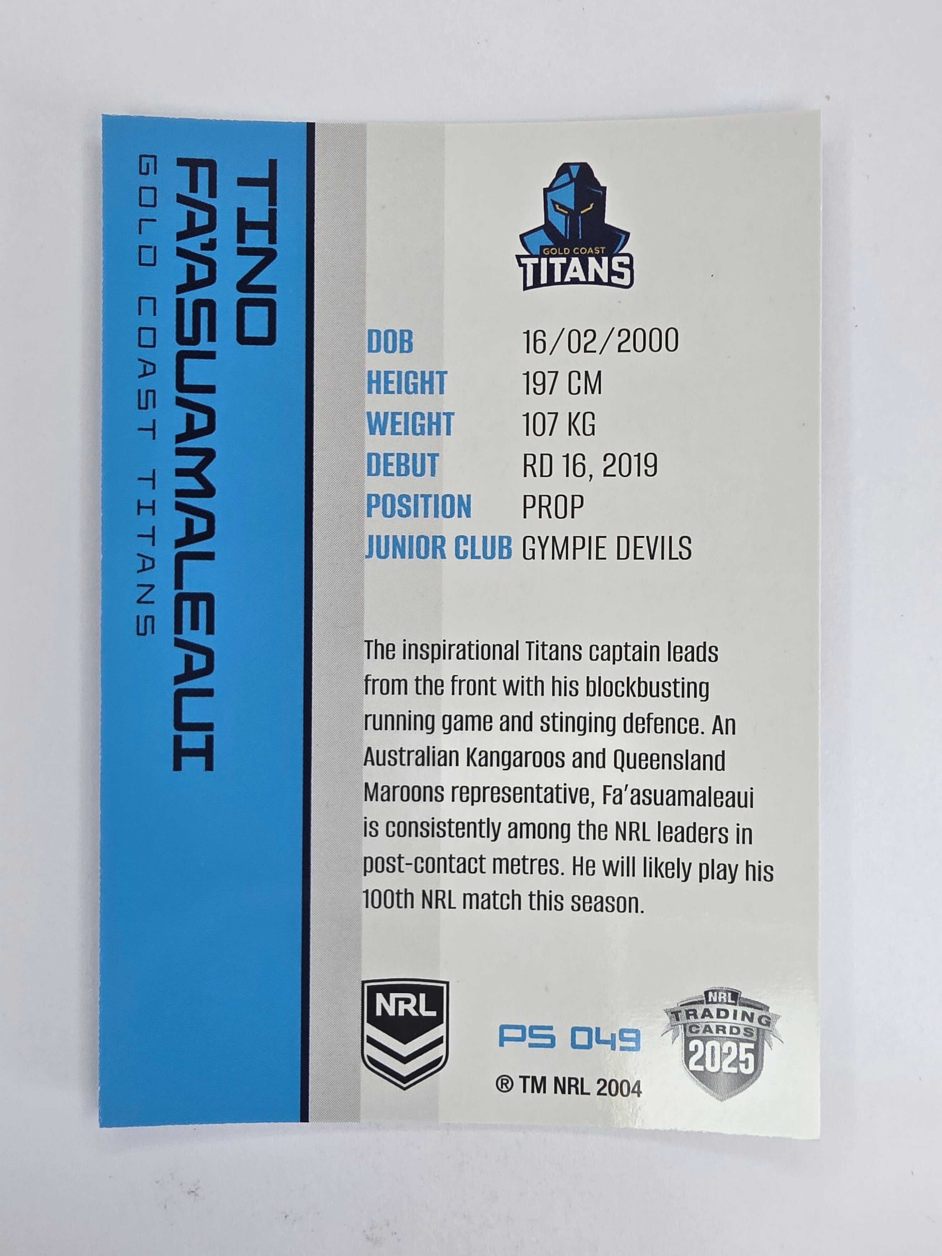 NRL 2025 Traders Silver Parallel #049 Tino Fa’asuamaleaui Gold Coast Titans