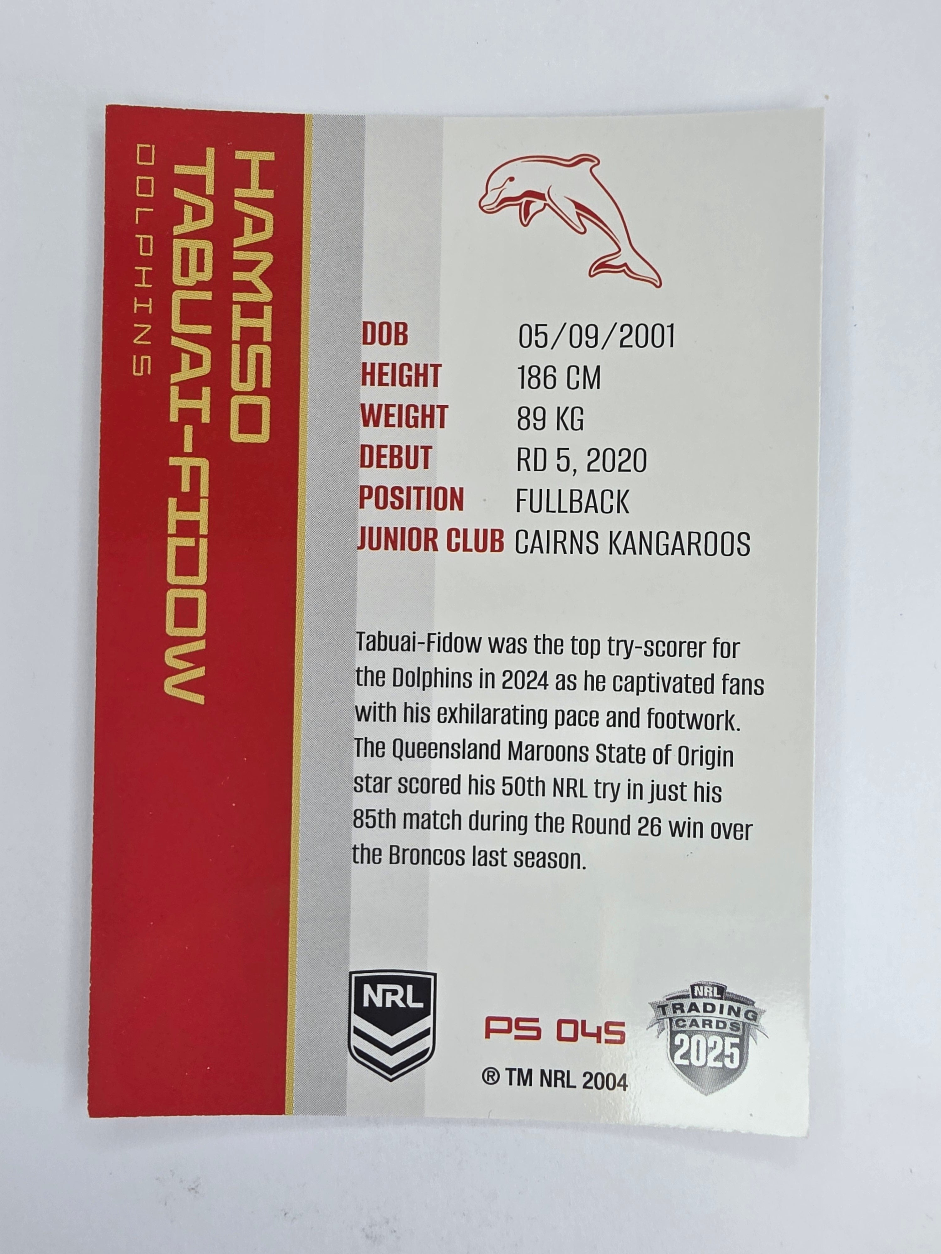 NRL 2025 Traders Silver Parallel #045 Hamiso Tabuai-Fidow Redcliffe Dolphins