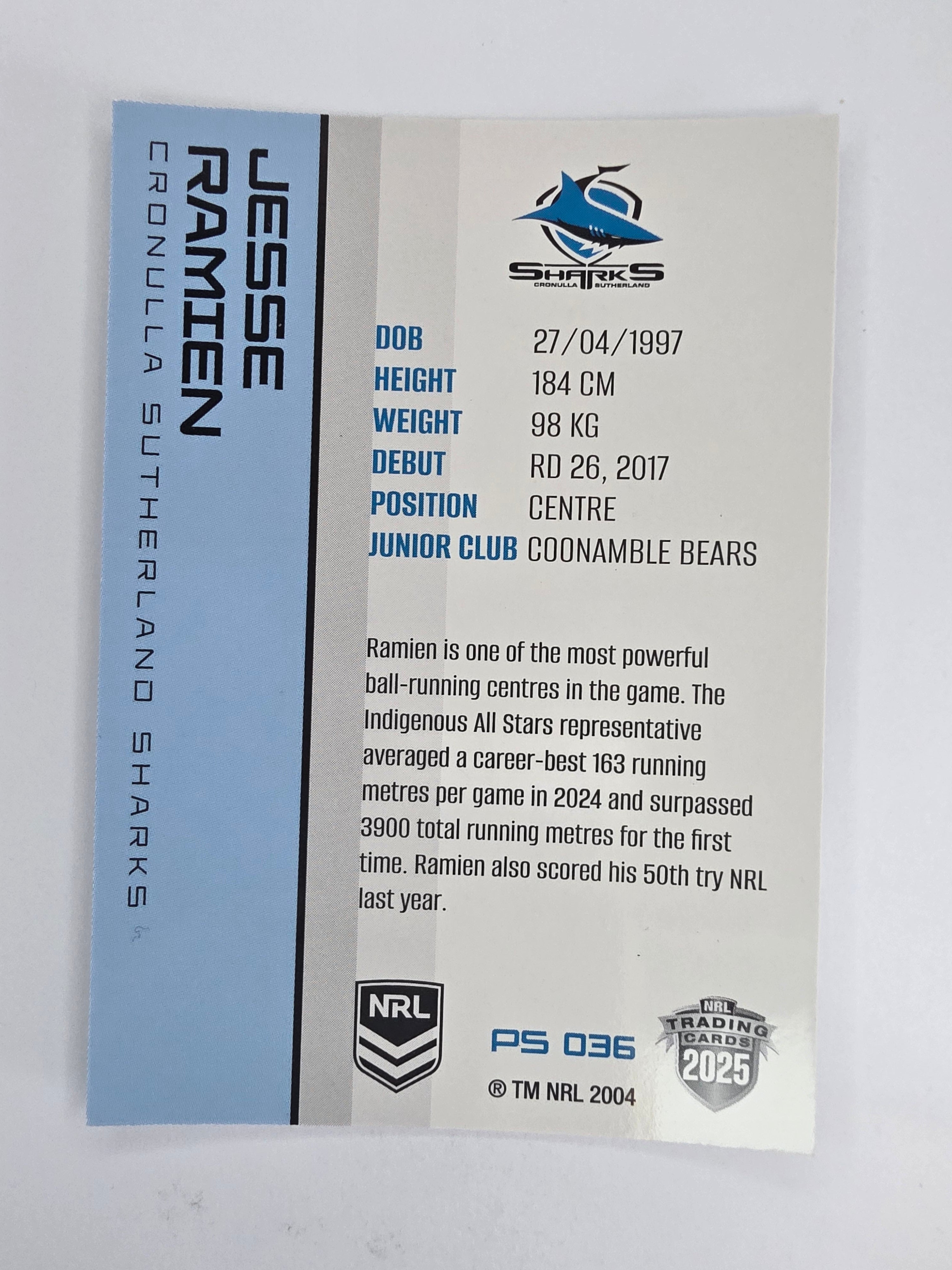 NRL 2025 Traders Silver Parallel #036 Jesse Ramien Cronulla Sutherland Sharks