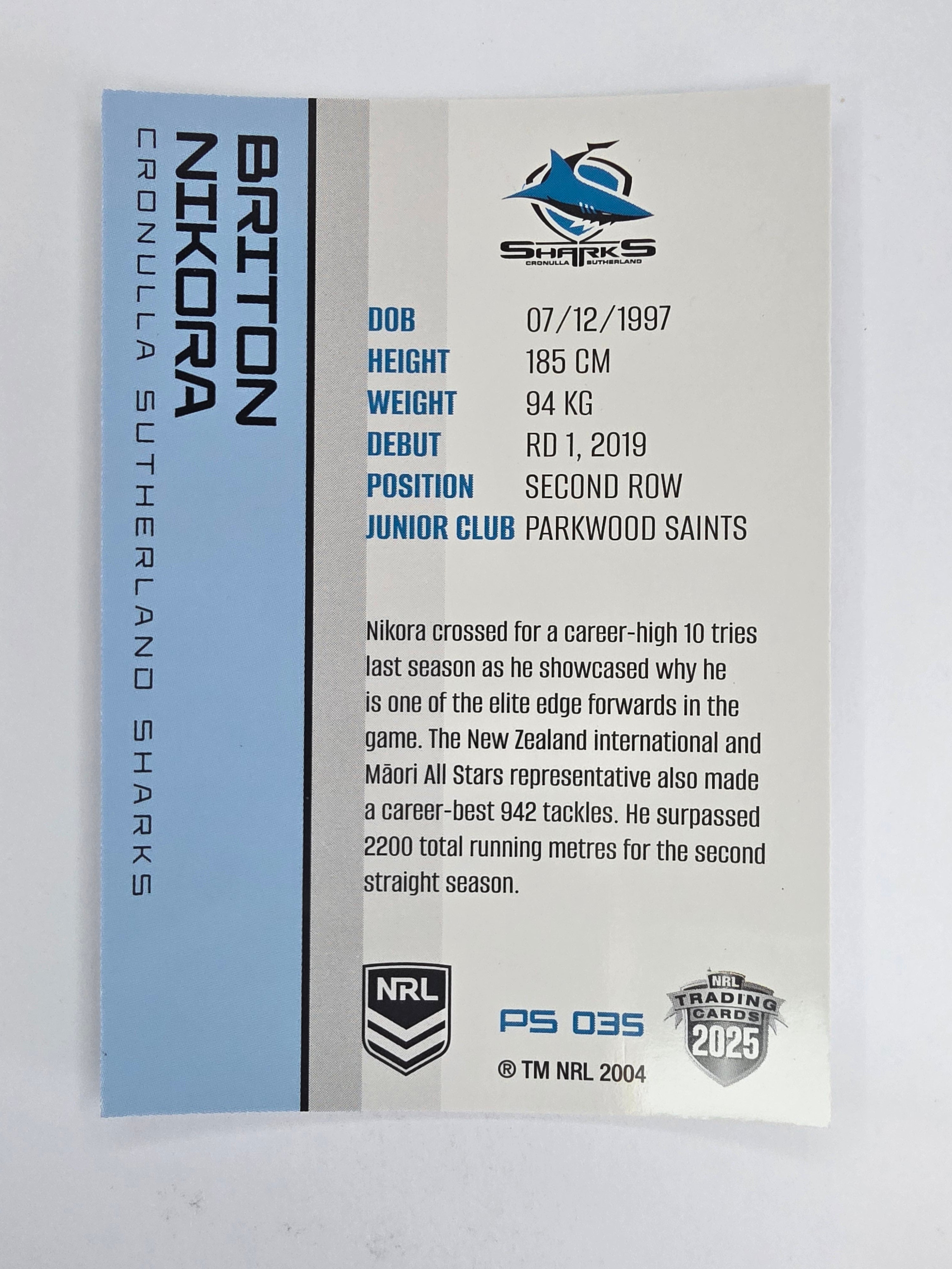NRL 2025 Traders Silver Parallel #035 Briton Nikora Cronulla Sutherland Sharks