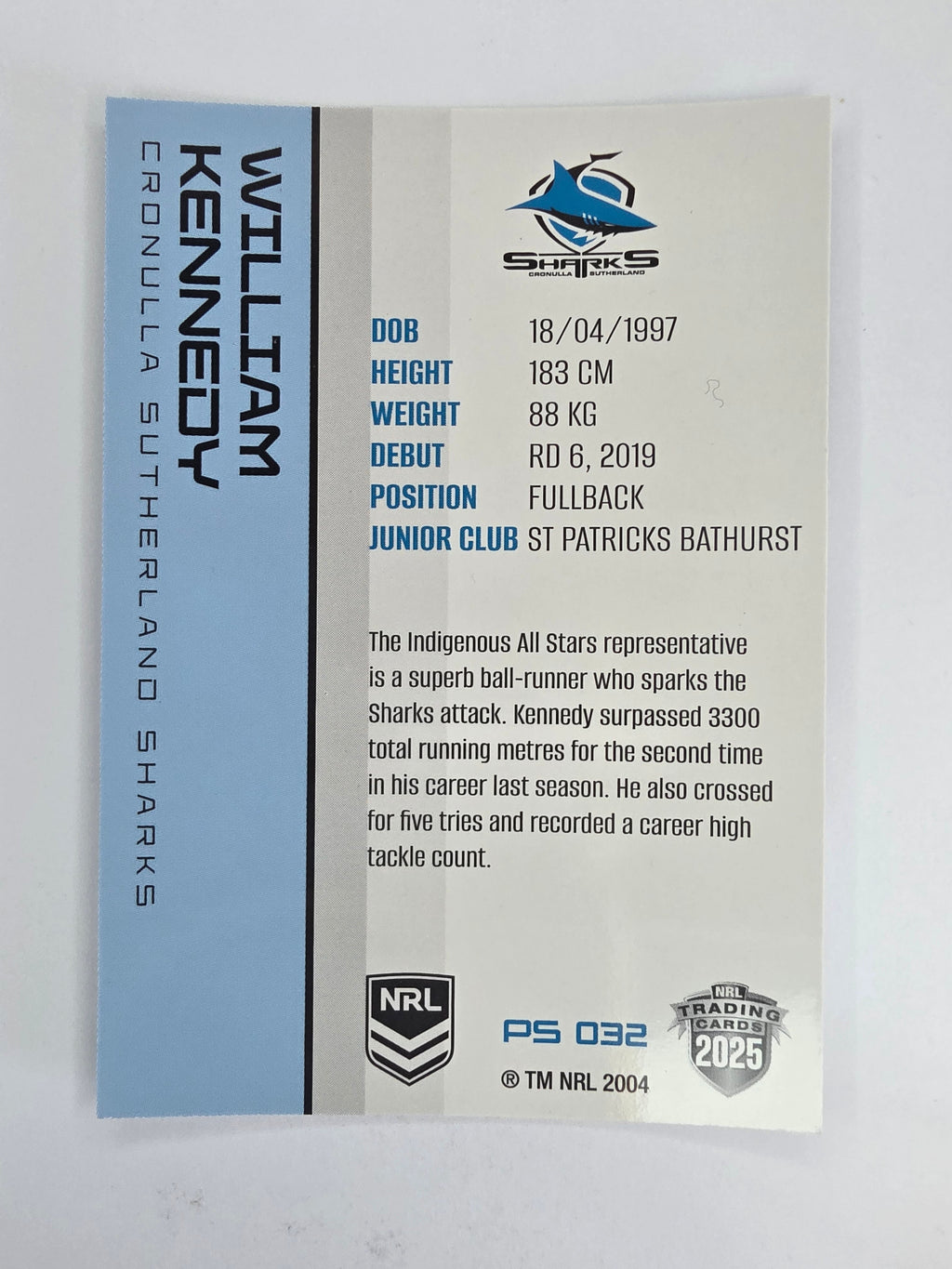 NRL 2025 Traders Silver Parallel #032 William Kennedy Cronulla Sutherland Sharks