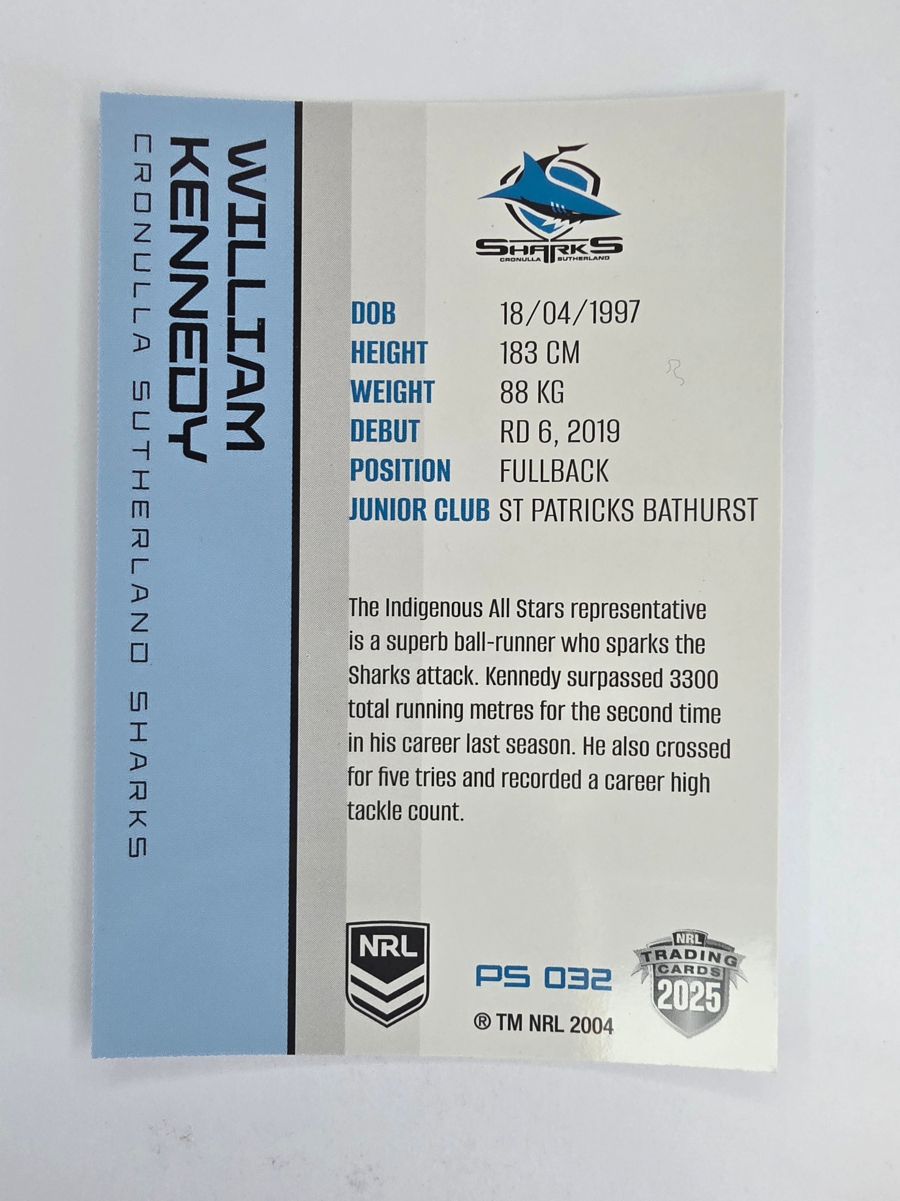 NRL 2025 Traders Silver Parallel #032 William Kennedy Cronulla Sutherland Sharks