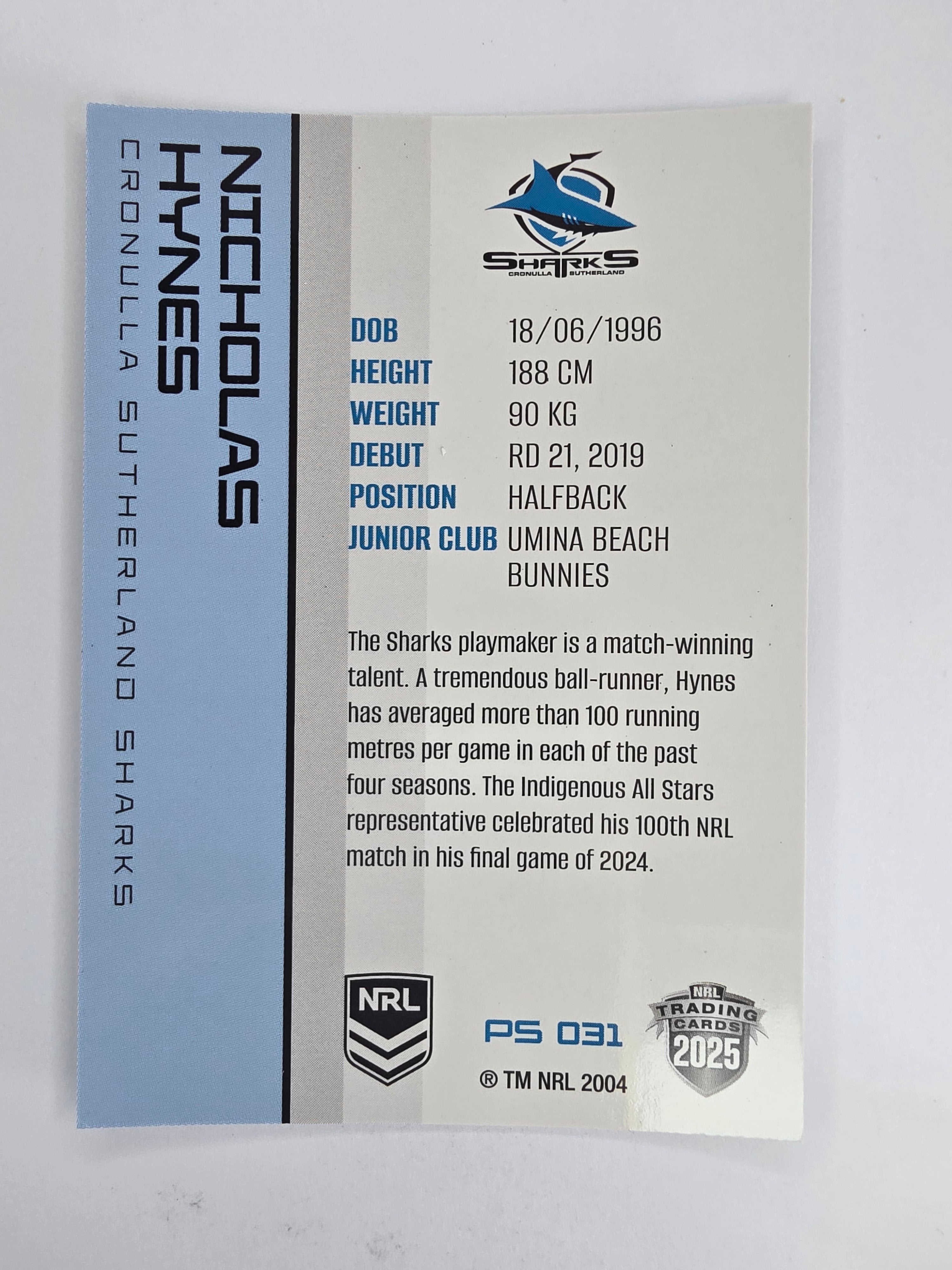 NRL 2025 Traders Silver Parallel #031 Nicholas Hynes McInnes Cronulla Sutherland Sharks