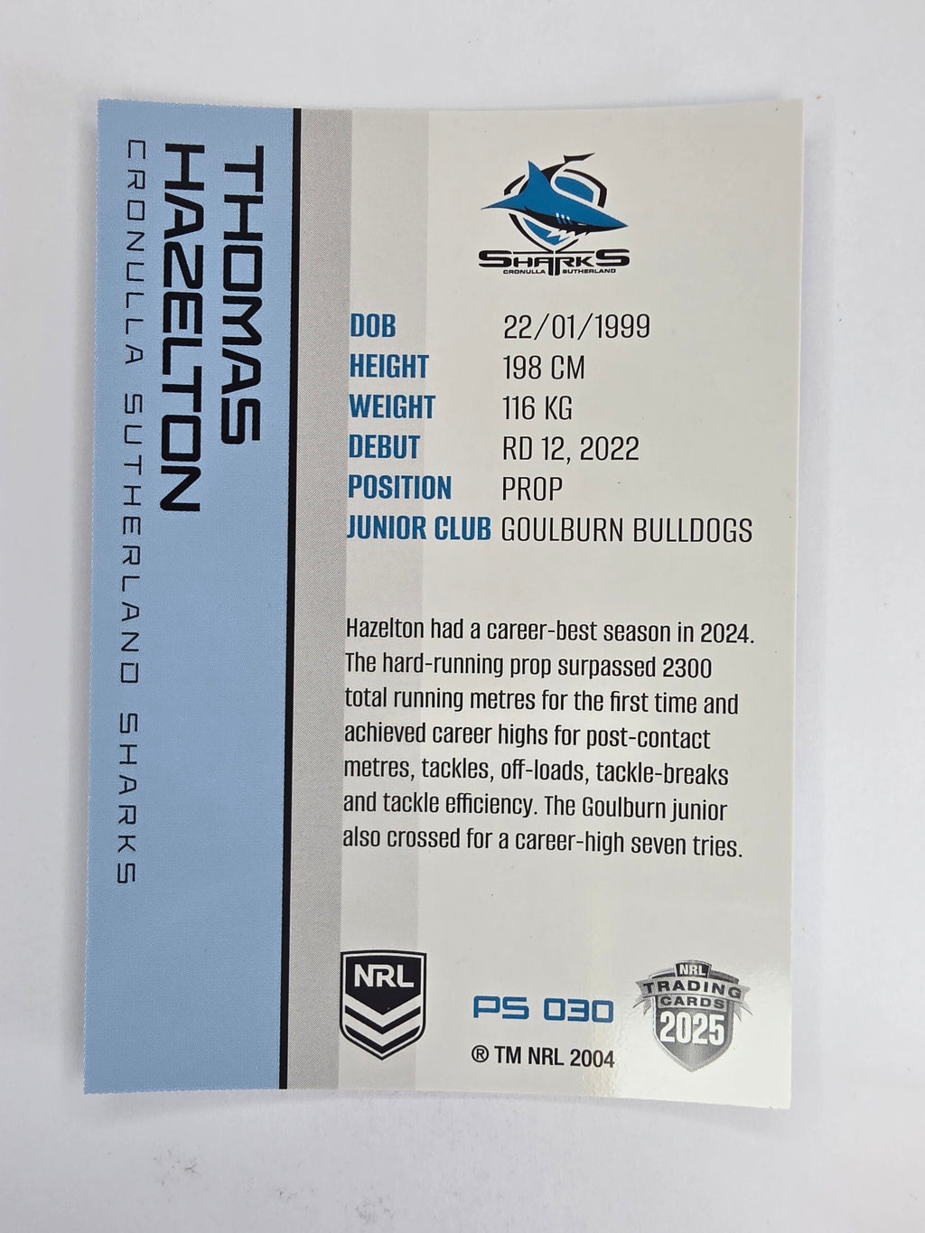 NRL 2025 Traders Silver Parallel #030 Thomas Hazelton Cronulla Sutherland Sharks