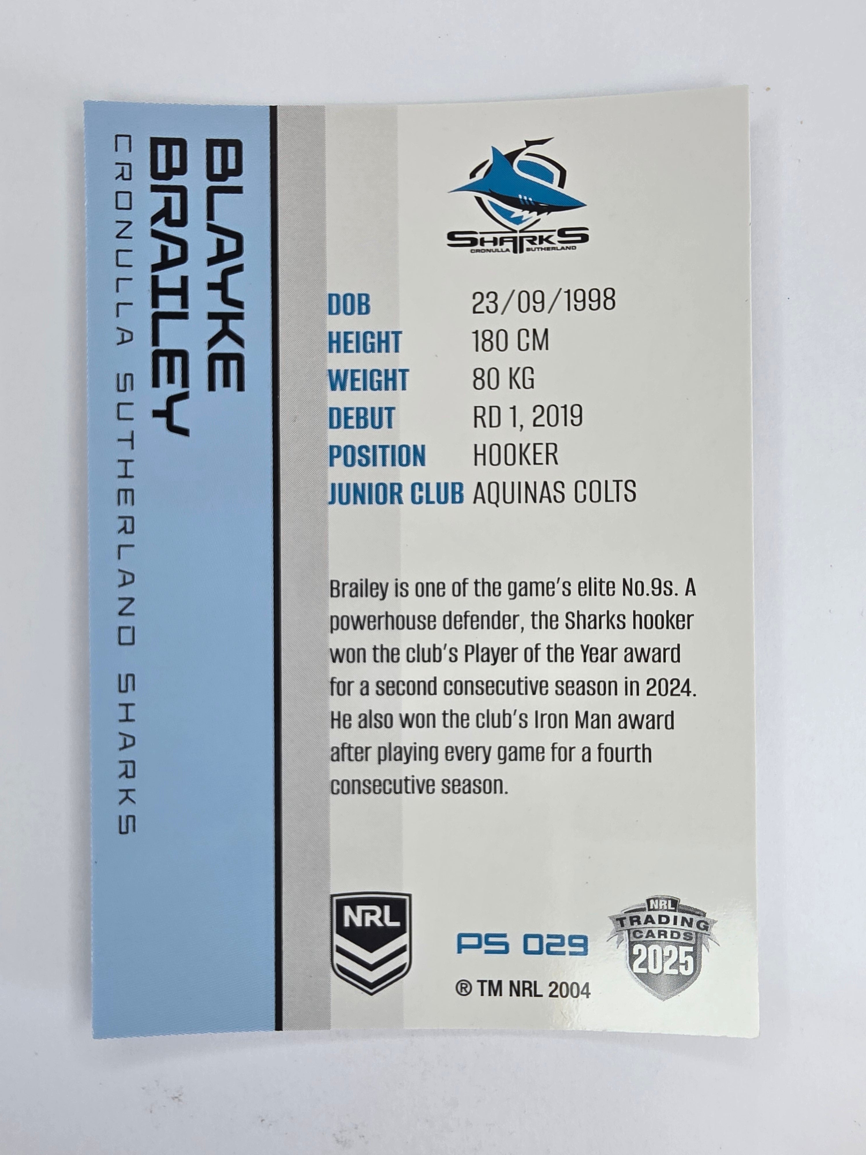 NRL 2025 Traders Silver Parallel #029 Blake Brailey Cronulla Sutherland Sharks