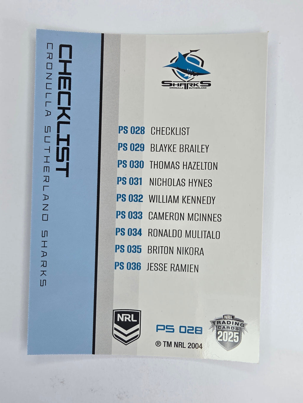 NRL 2025 Traders Silver Parallel #028 Sharks Checklist Cronulla Sutherland Sharks