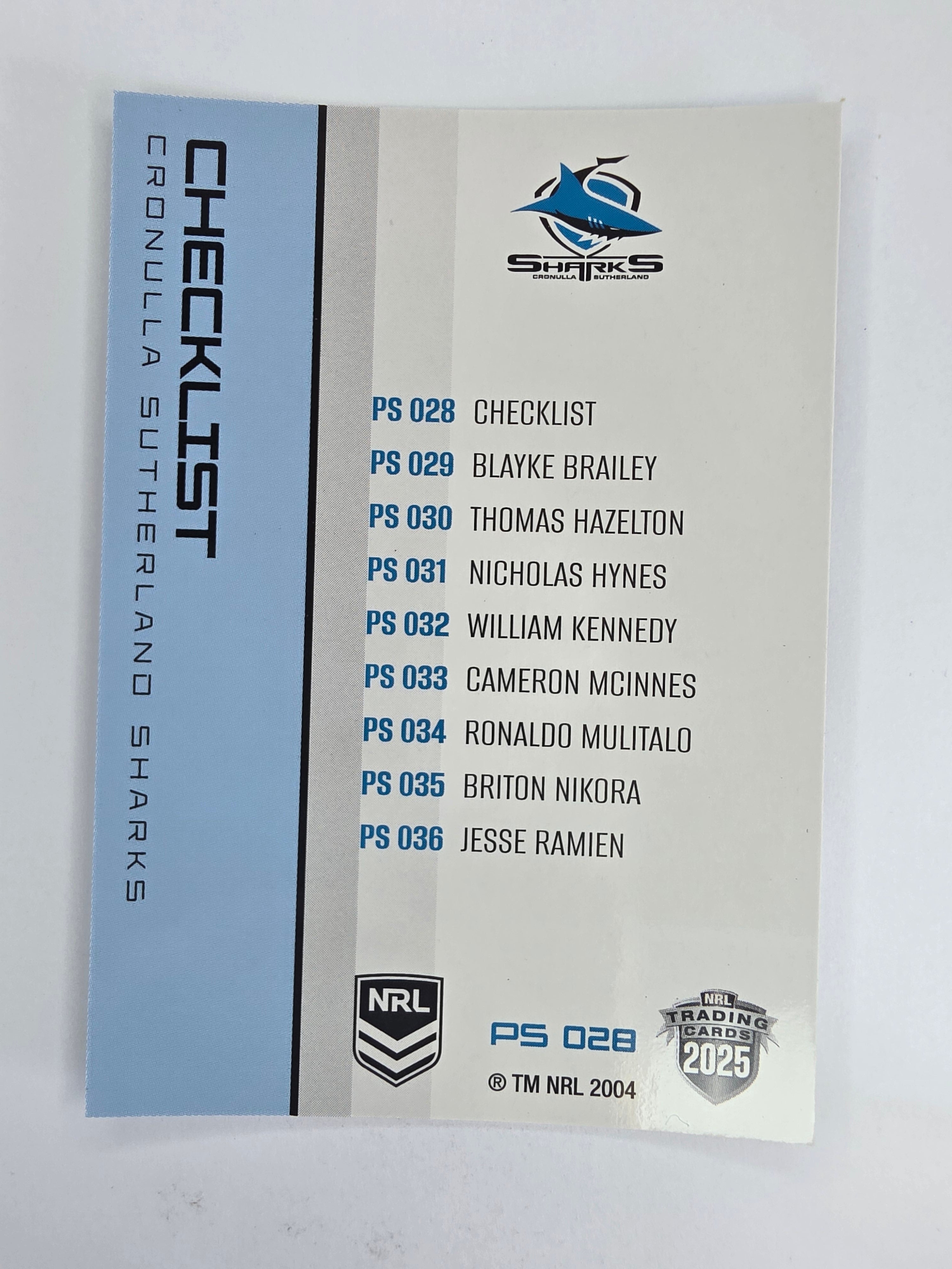 NRL 2025 Traders Silver Parallel #028 Sharks Checklist Cronulla Sutherland Sharks