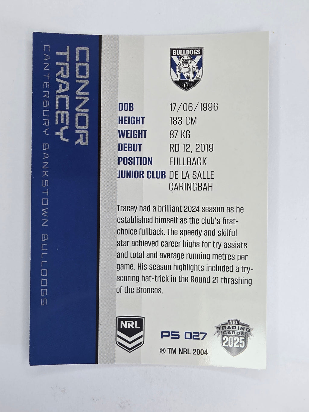 NRL 2025 Traders Silver Parallel #027 Connor Tracey Canterbury Bankstown Bulldogs