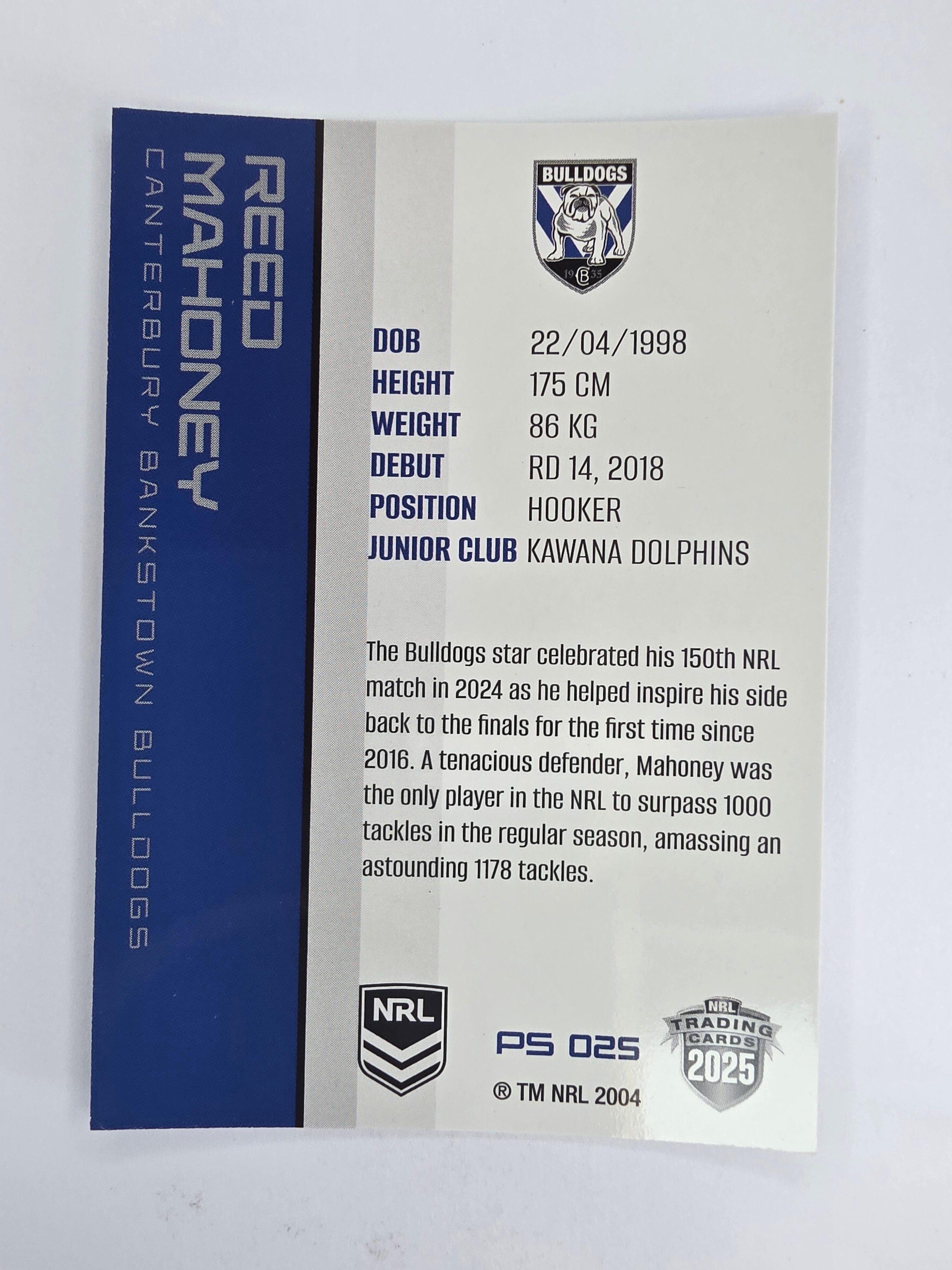 NRL 2025 Traders Silver Parallel #025 Reed Mahoney Canterbury Bankstown Bulldogs