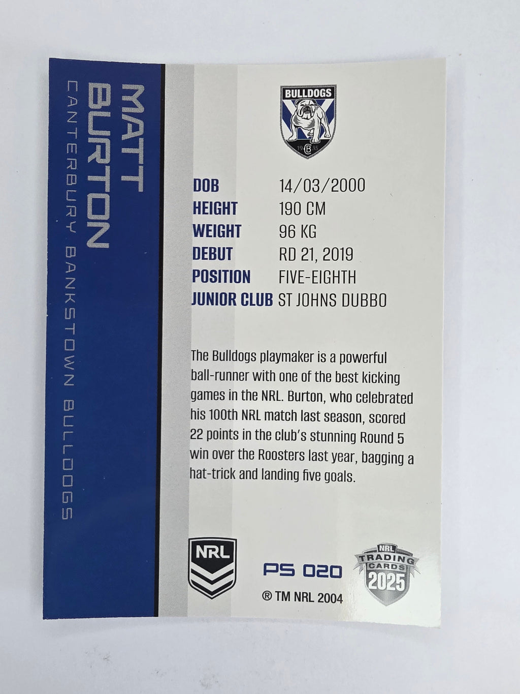 NRL 2025 Traders Silver Parallel #020 Matt Burton Canterbury Bankstown Bulldogs