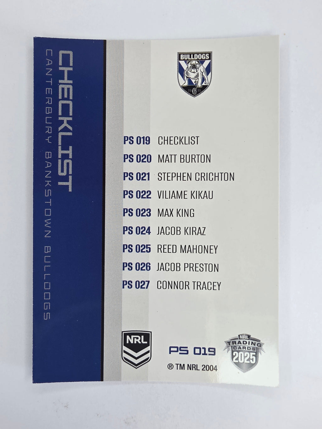 NRL 2025 Traders Silver Parallel #019 Bulldogs Checklist Canterbury Bankstown Bulldogs