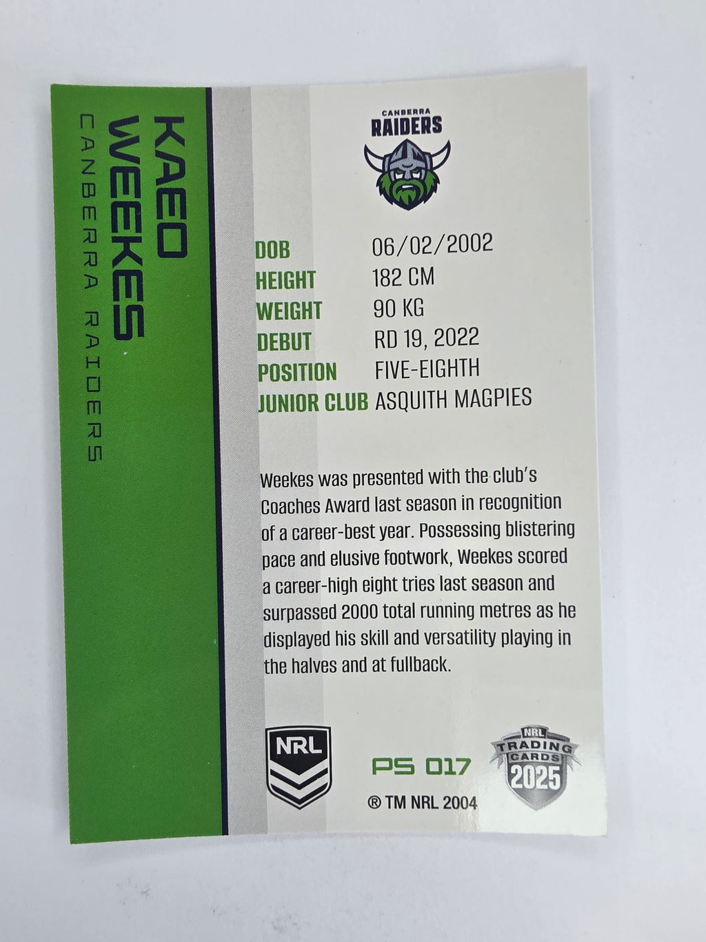 NRL 2025 Traders Silver Parallel #017 Kaeo Weekes Canberra Raiders