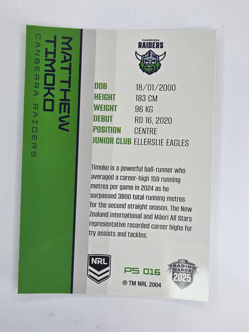 NRL 2025 Traders Silver Parallel #016 Matthew Timoko Canberra Raiders