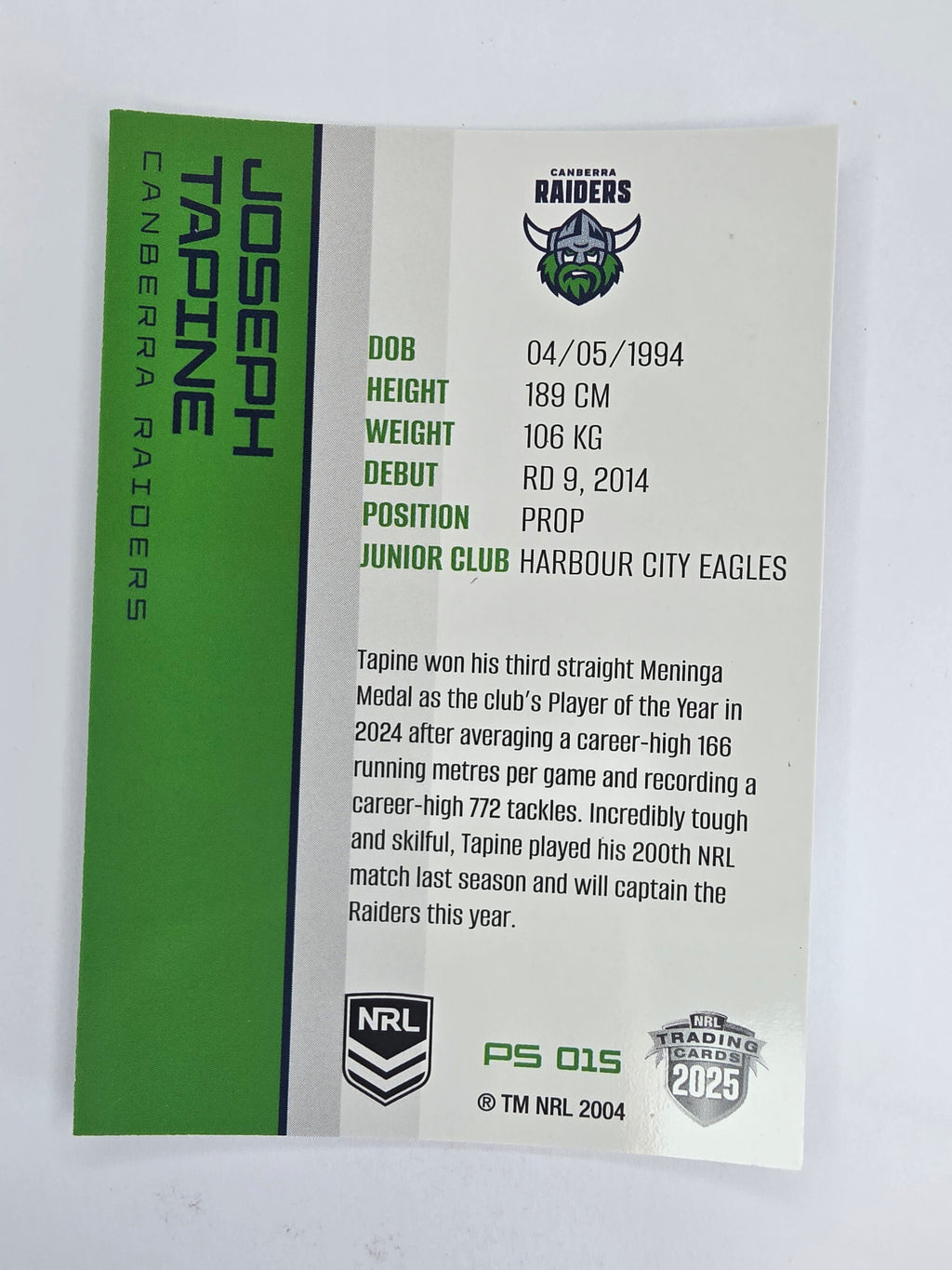 NRL 2025 Traders Silver Parallel #015 Joseph Tapine Canberra Raiders