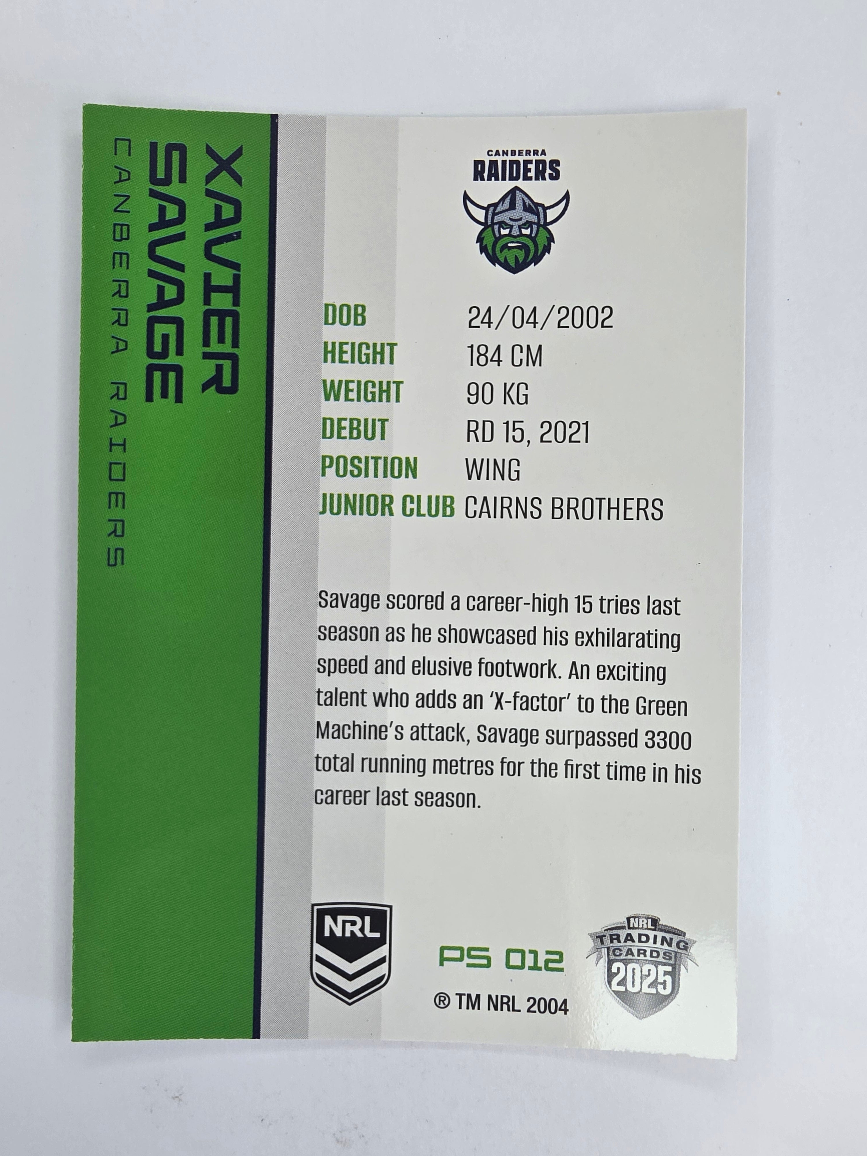 NRL 2025 Traders Silver Parallel #012 Xavier Savage Canberra Raiders