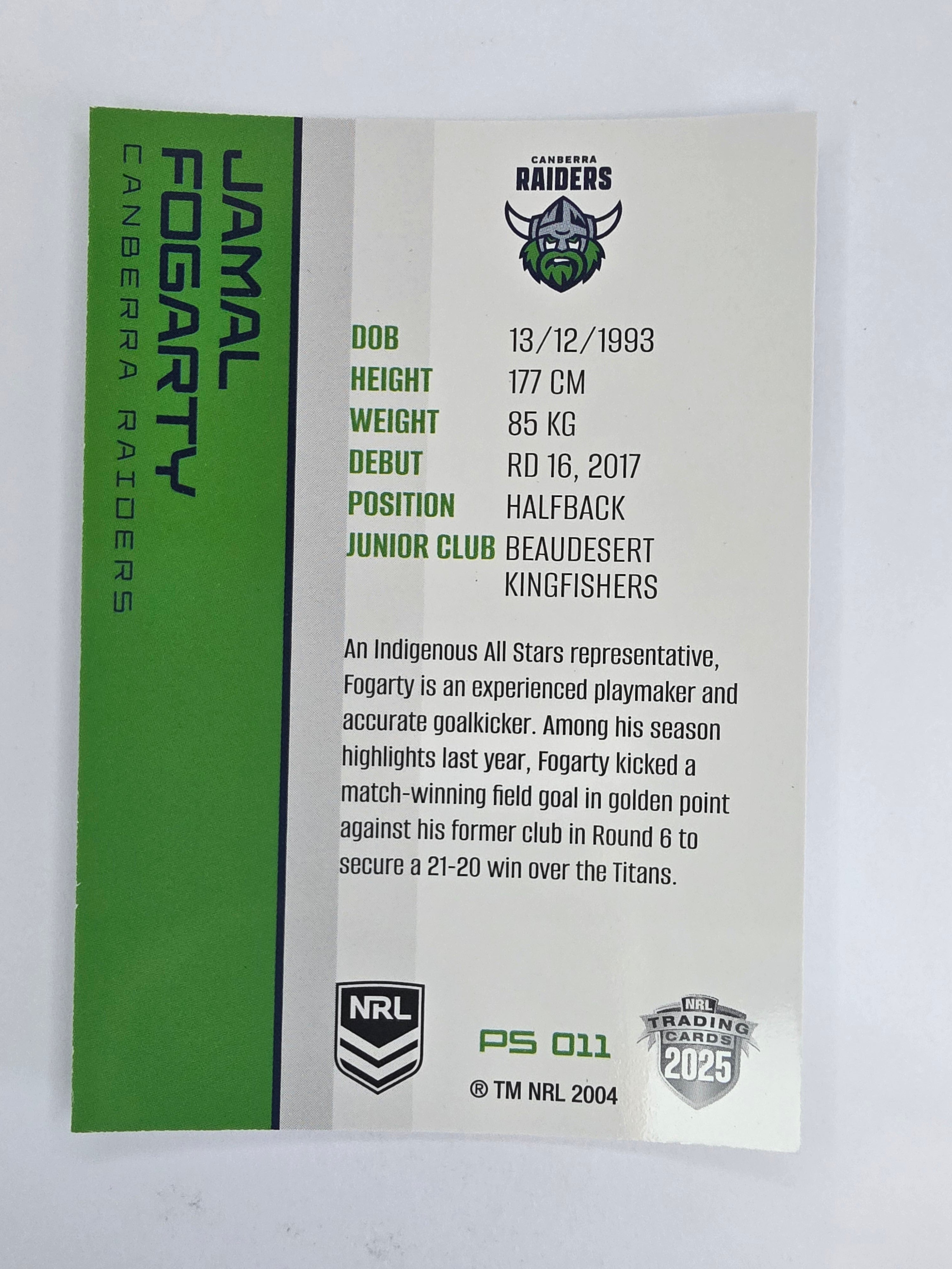 NRL 2025 Traders Silver Parallel #011 Jamal Fogarty Canberra Raiders
