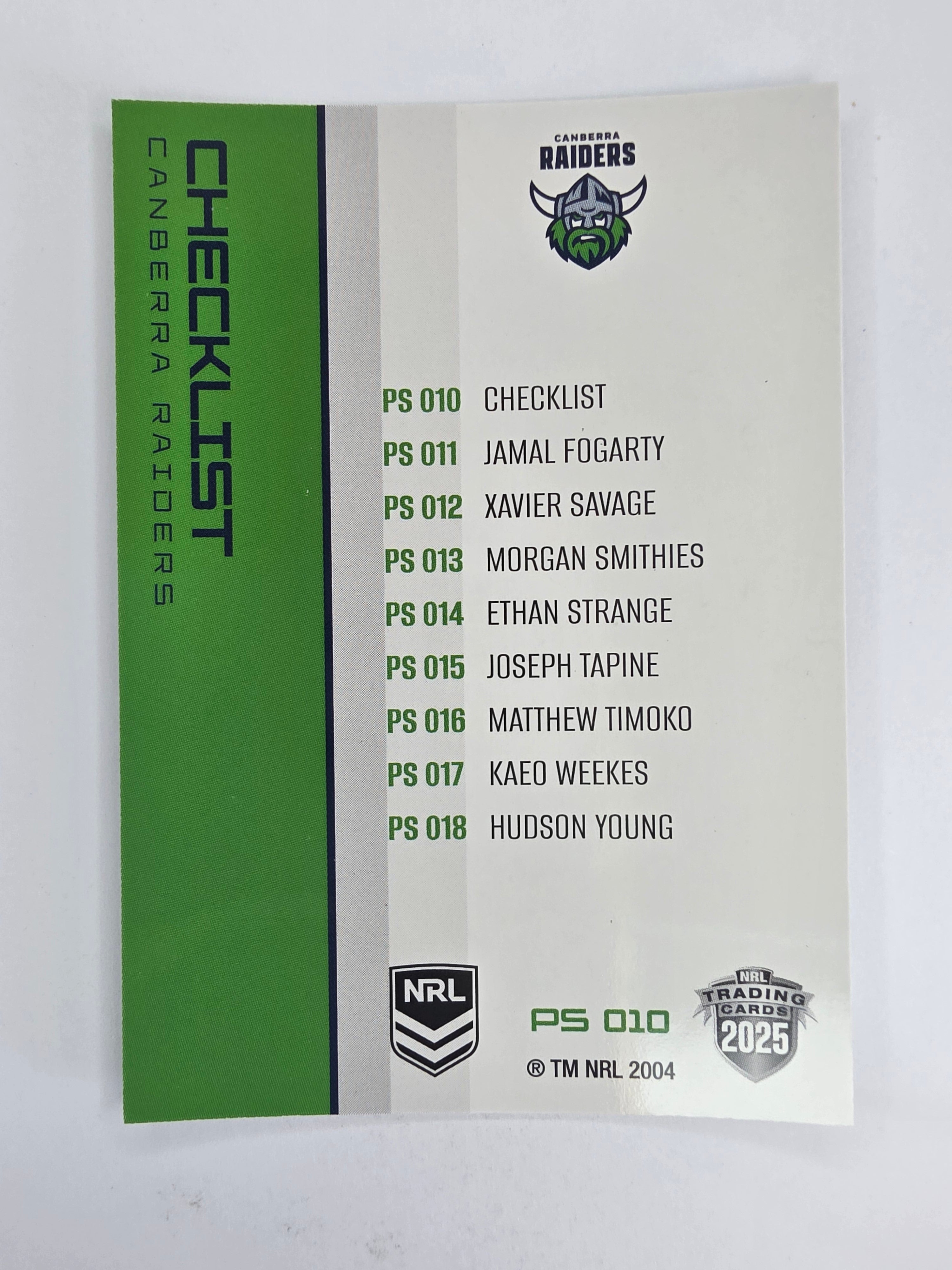 NRL 2025 Traders Silver Parallel #010 Raiders Checklist Canberra Raiders