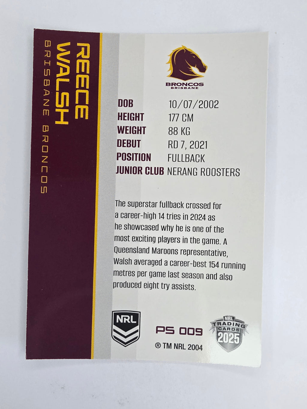 NRL 2025 Traders Silver Parallel #009 Reece Walsh Brisbane Broncos