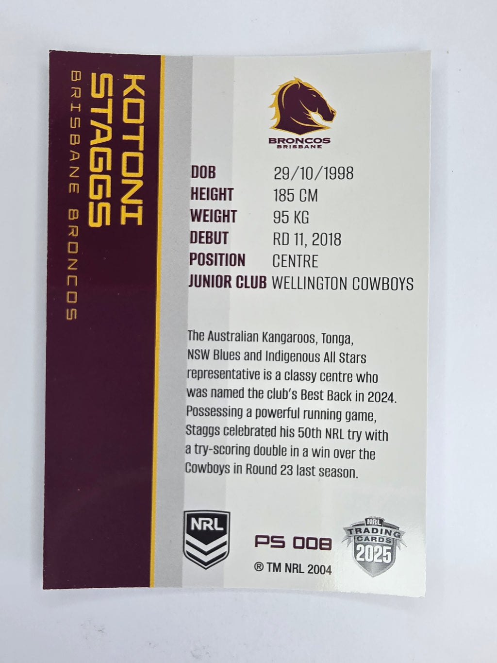 NRL 2025 Traders Silver Parallel #008 Kotoni Staggs Brisbane Broncos
