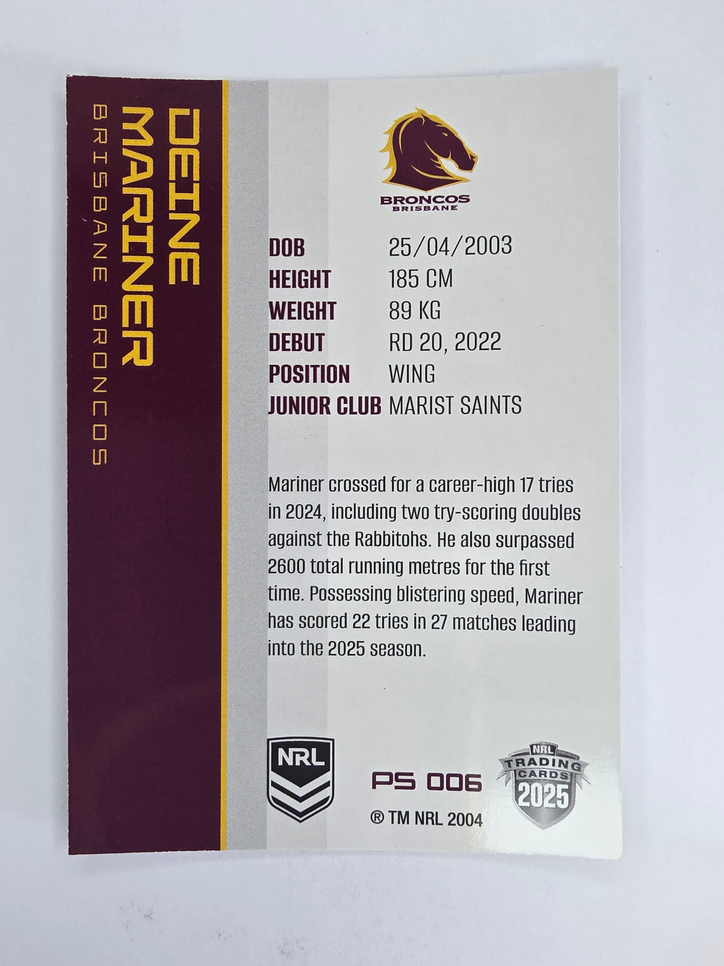 NRL 2025 Traders Silver Parallel #006 Deine Mariner Brisbane Broncos