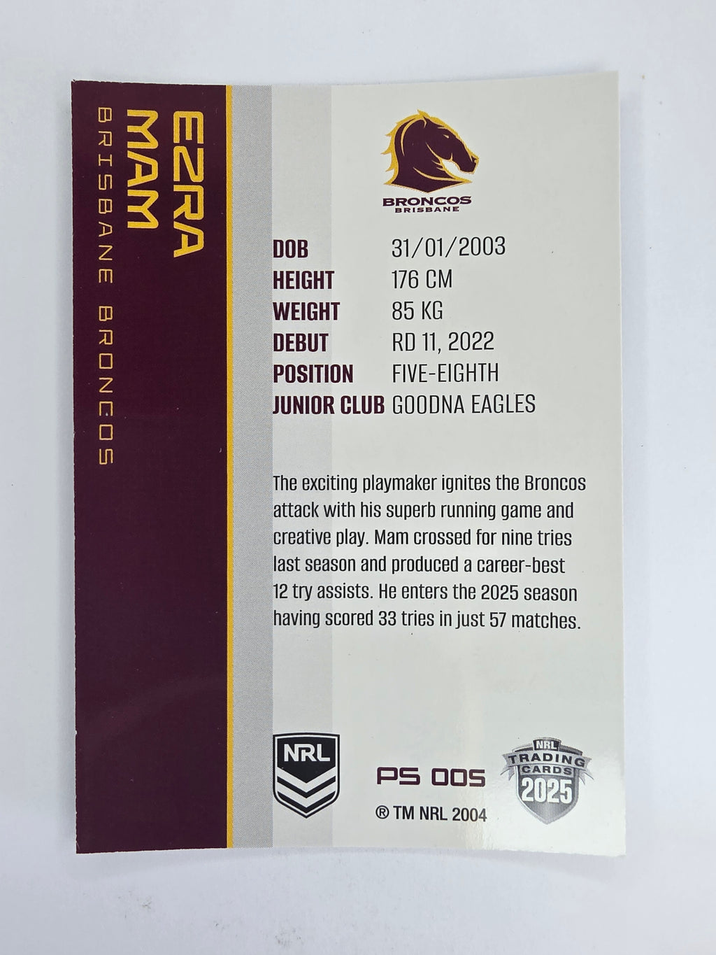 NRL 2025 Traders Silver Parallel #005 Ezra Mam Brisbane Broncos