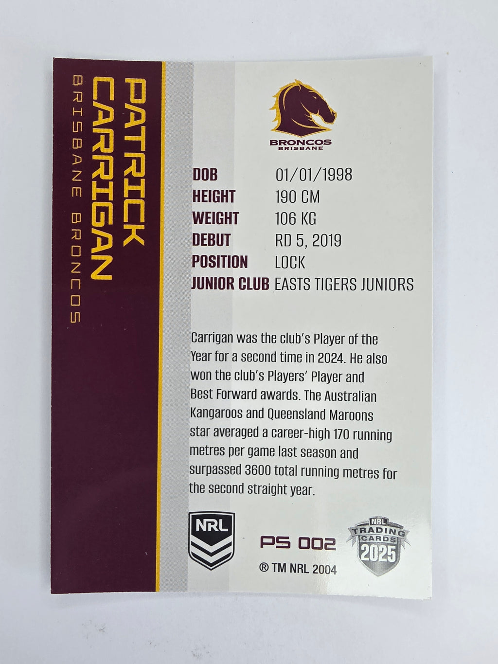 NRL 2025 Traders Silver Parallel #002 Patrick Carrigan Brisbane Broncos