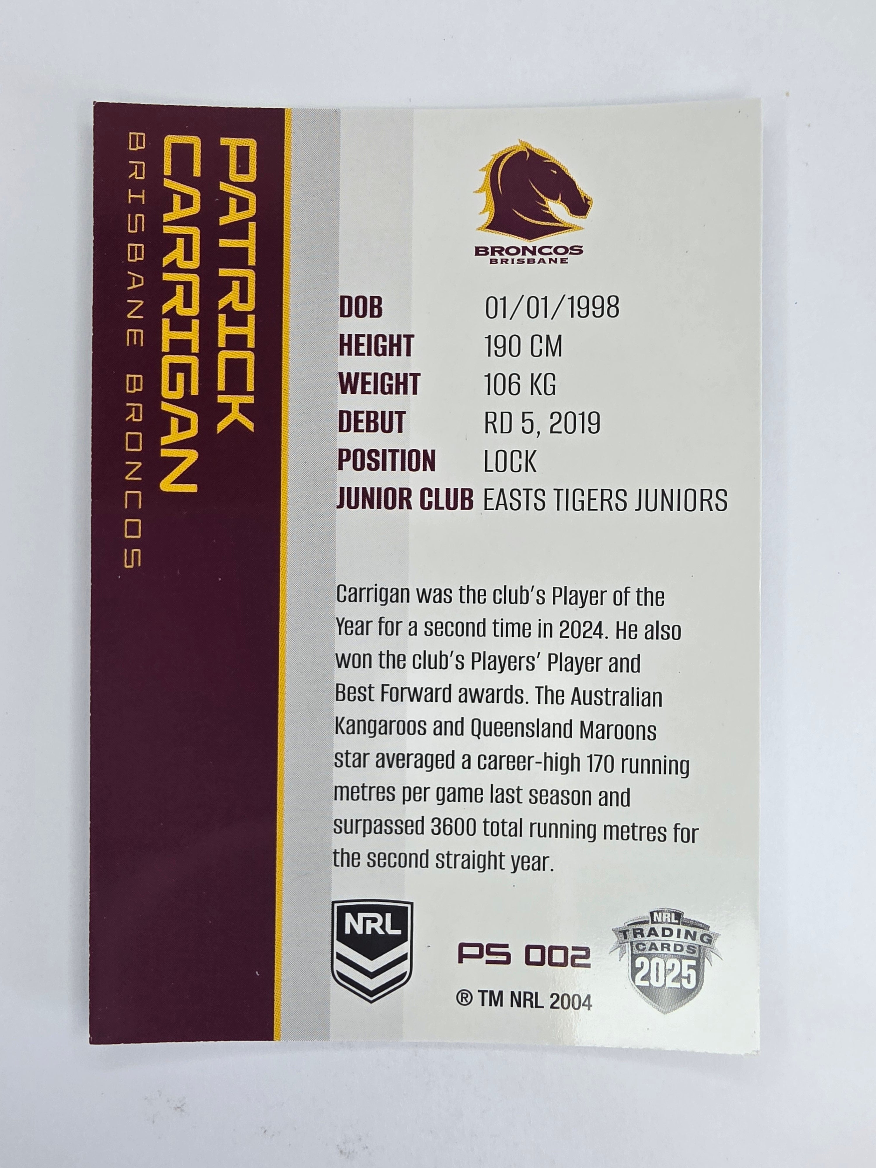 NRL 2025 Traders Silver Parallel #002 Patrick Carrigan Brisbane Broncos