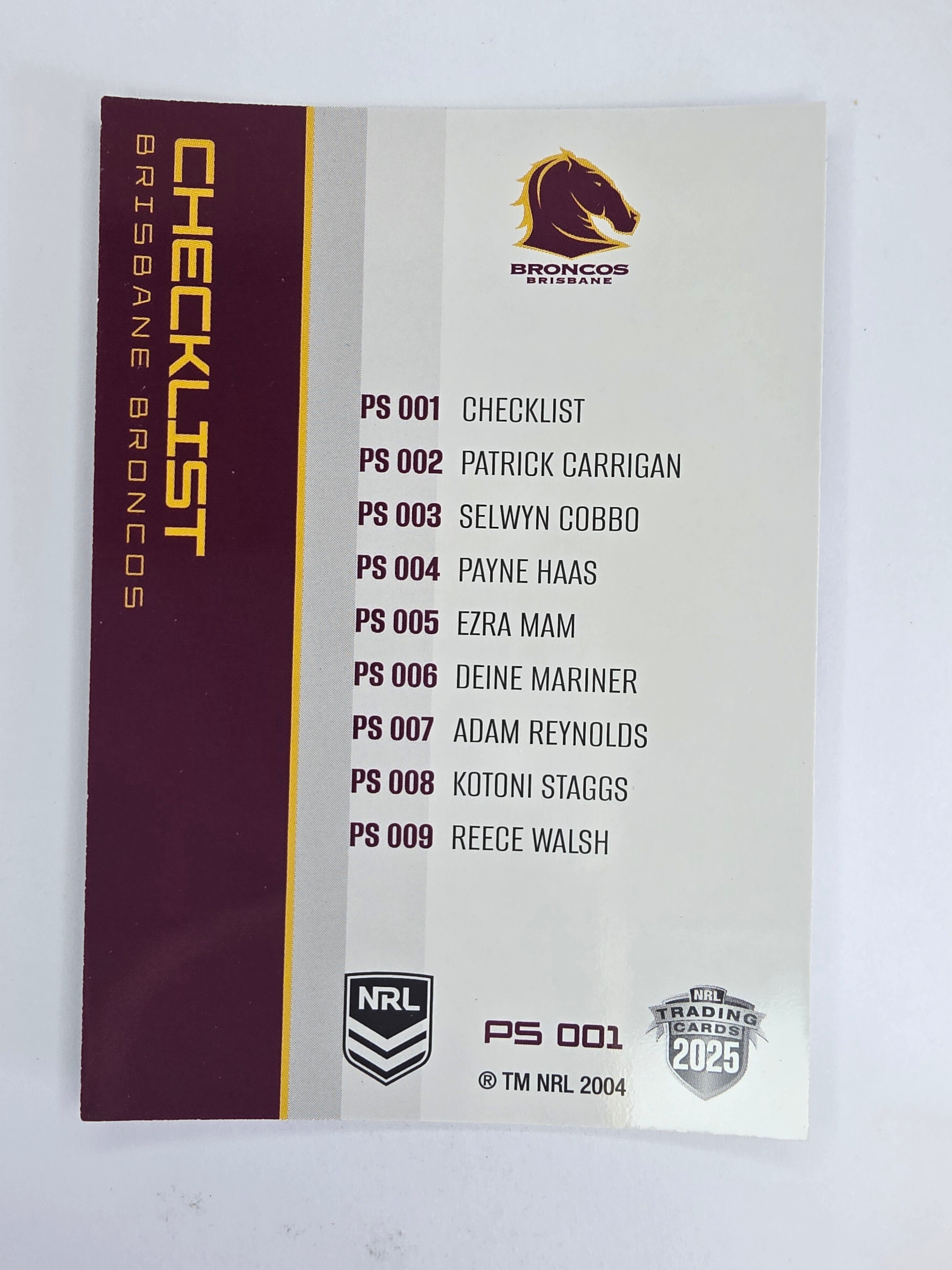 NRL 2025 Traders Silver Parallel #001 Broncos Checklist Brisbane Broncos