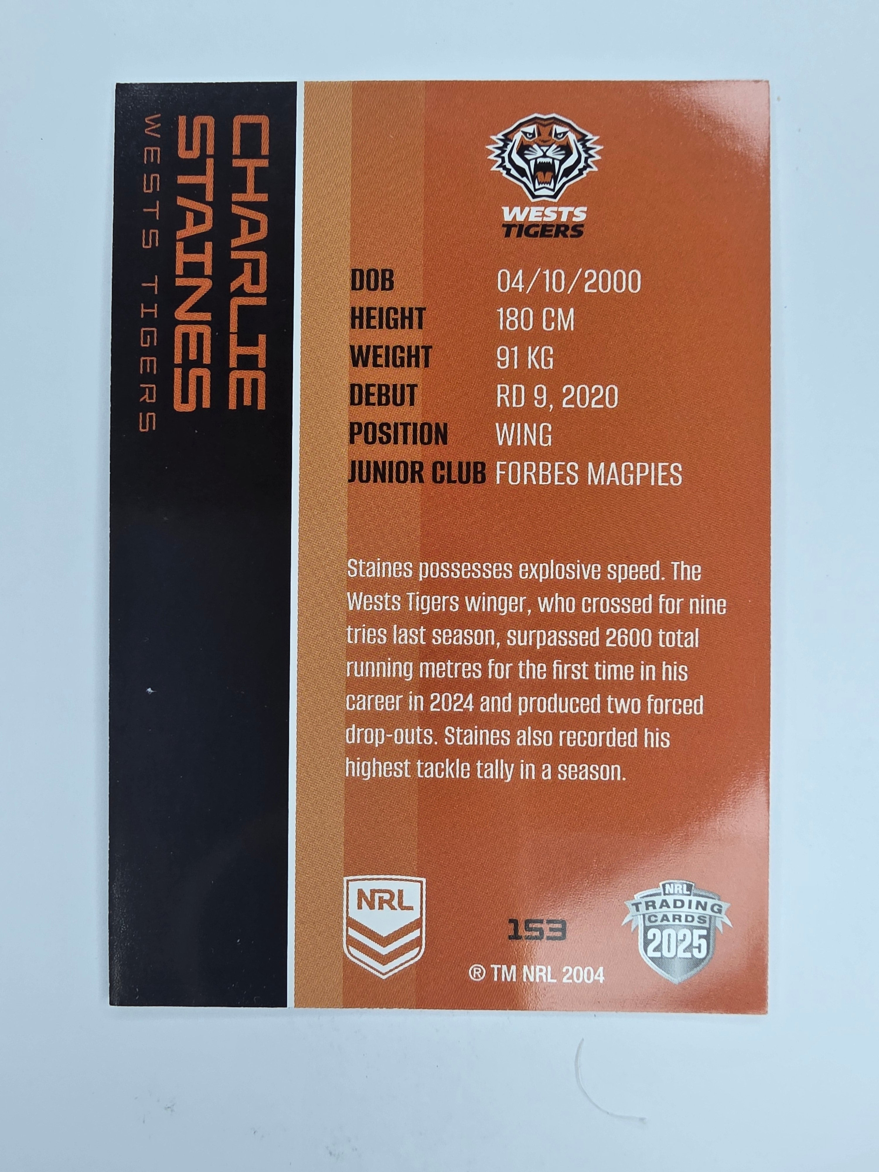 NRL 2025 Traders Base Card #153 Charlie Staines Wests Tigers