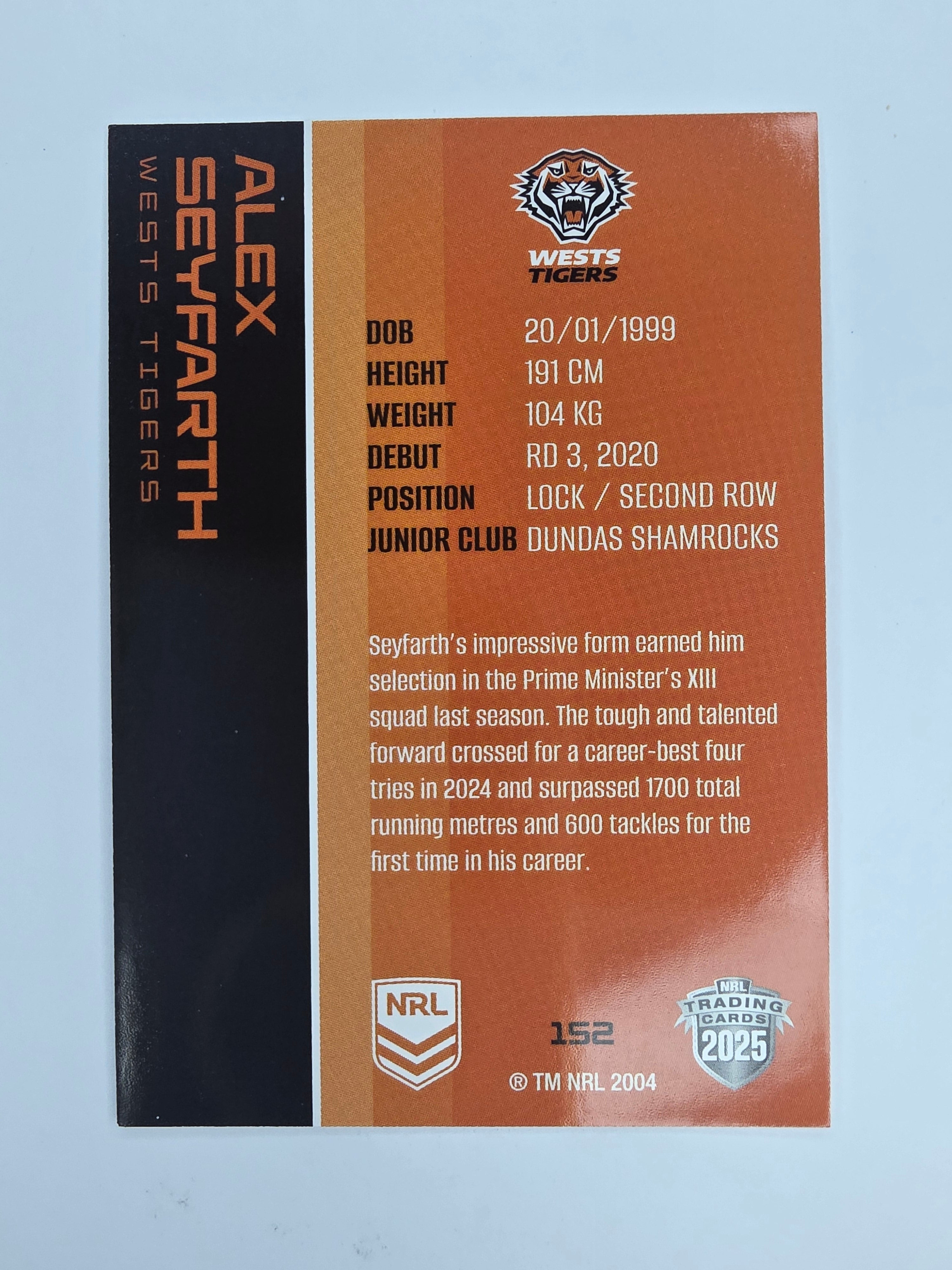 NRL 2025 Traders Base Card #152 Alex Seyfarth Wests Tigers