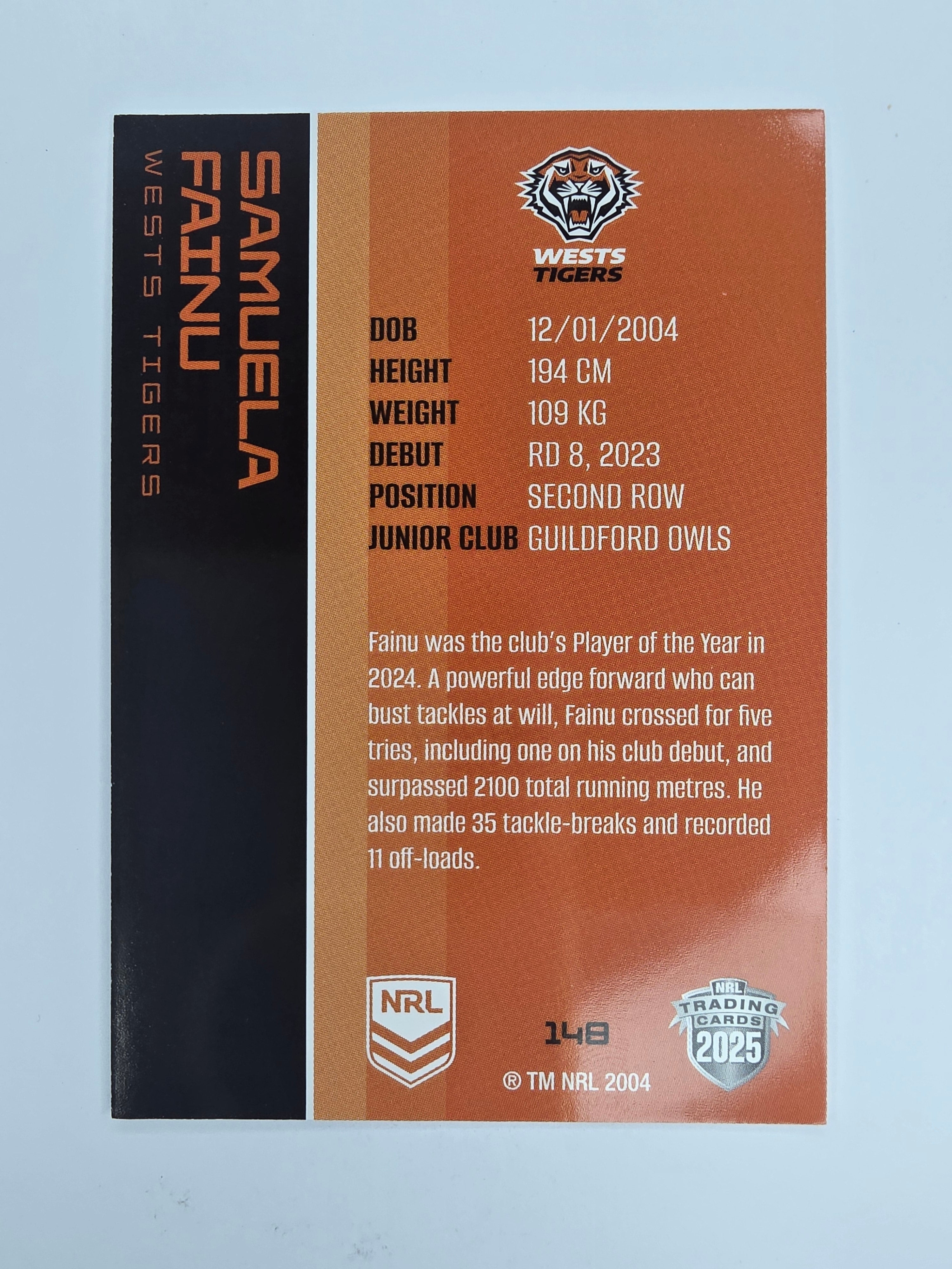 NRL 2025 Traders Base Card #148 Samuela Fainu Wests Tigers