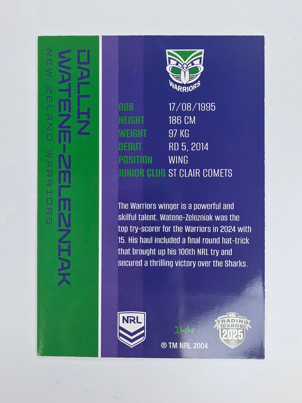 NRL 2025 Traders Base Card #144 Dallin Watene-Zelezniak New Zealand Warriors