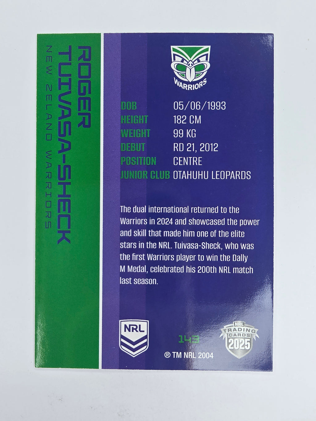 NRL 2025 Traders Base Card #143 Roger Tuivasa-Sheck New Zealand Warriors