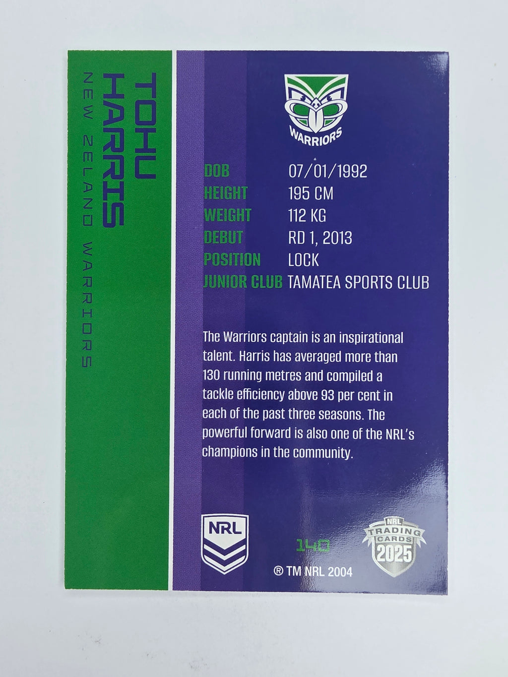 NRL 2025 Traders Base Card #140 Tohu Harris New Zealand Warriors