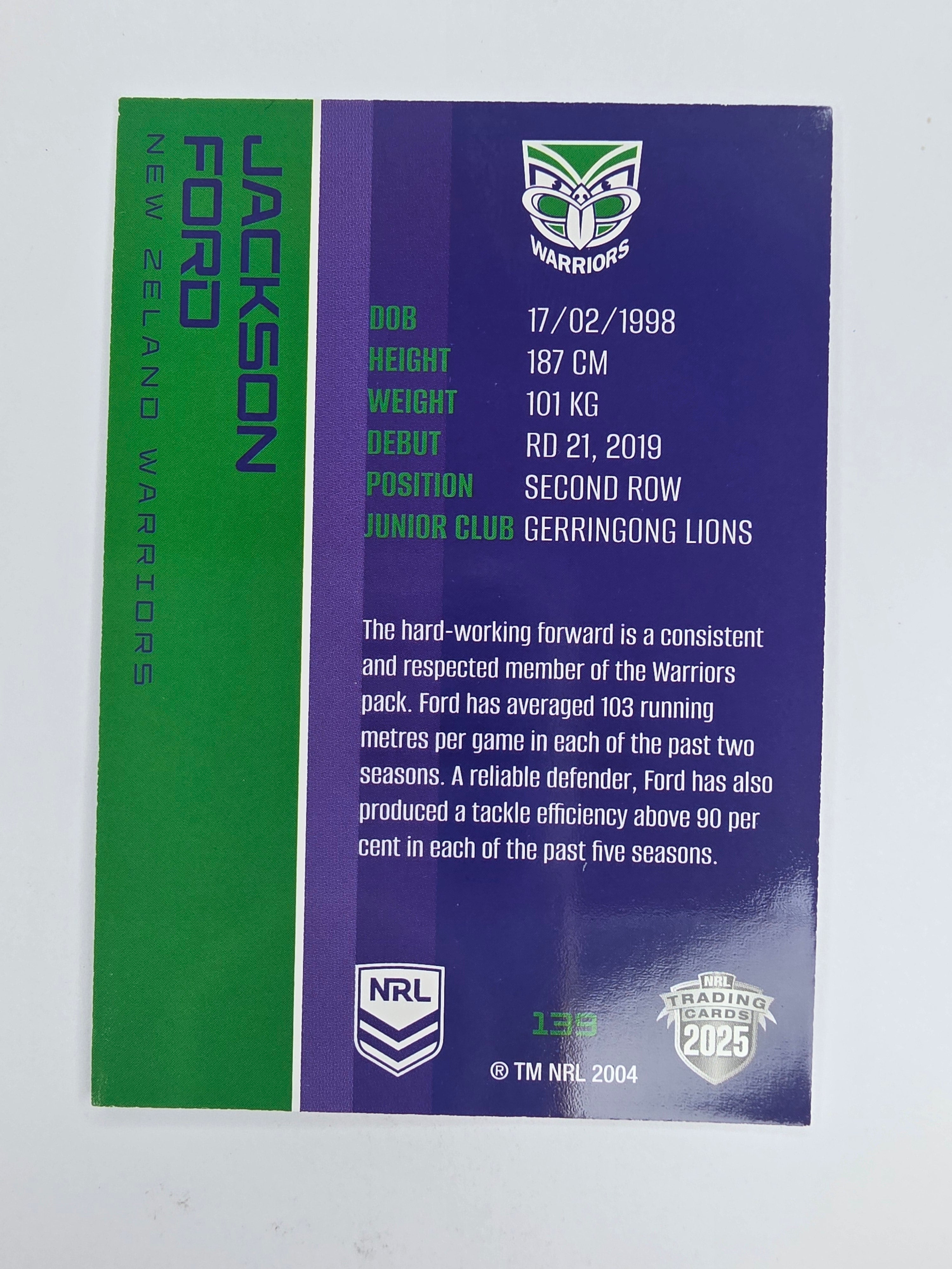 NRL 2025 Traders Base Card #139 Jackson Ford New Zealand Warriors