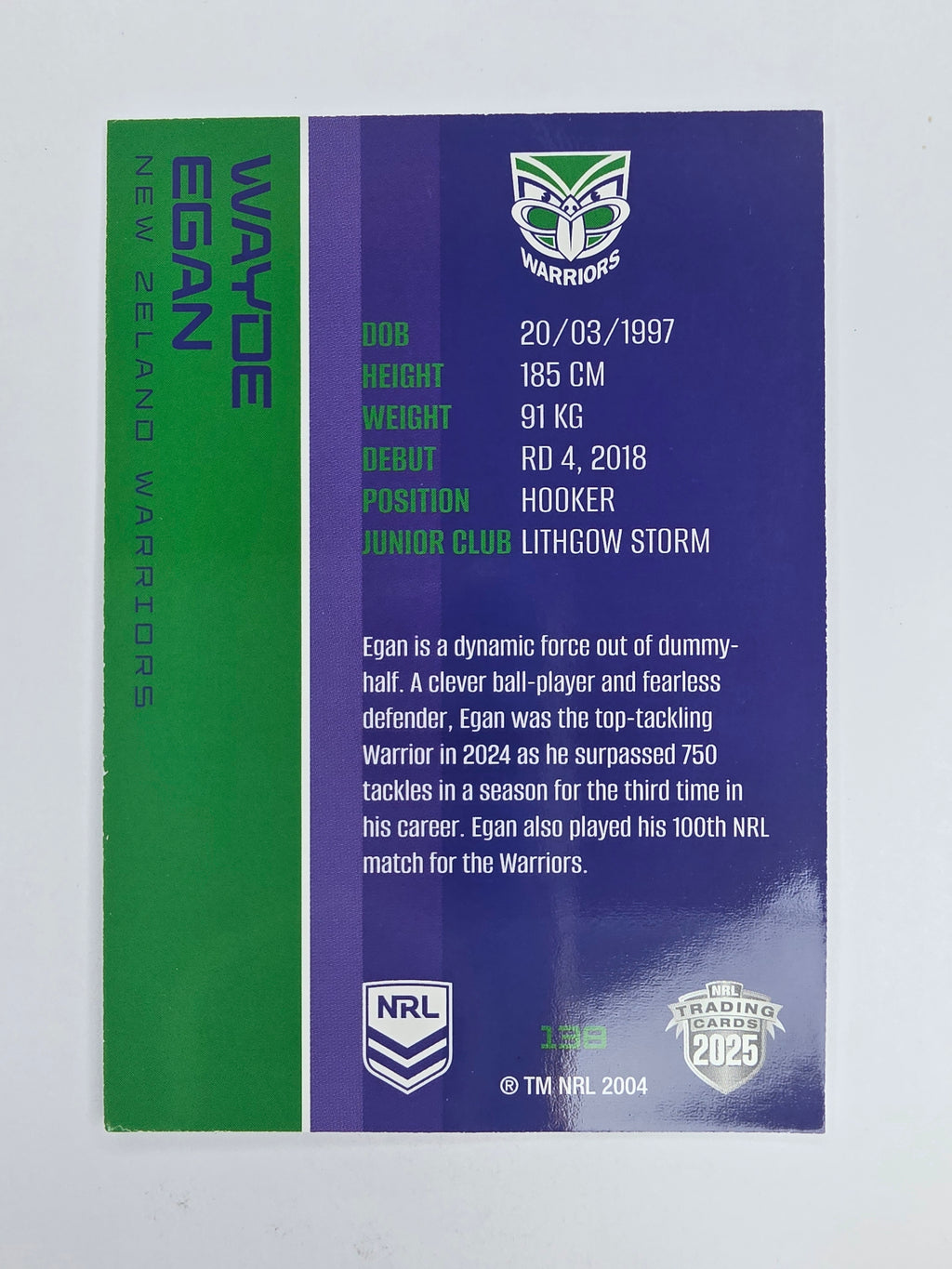 NRL 2025 Traders Base Card #138 Wayde Egan New Zealand Warriors