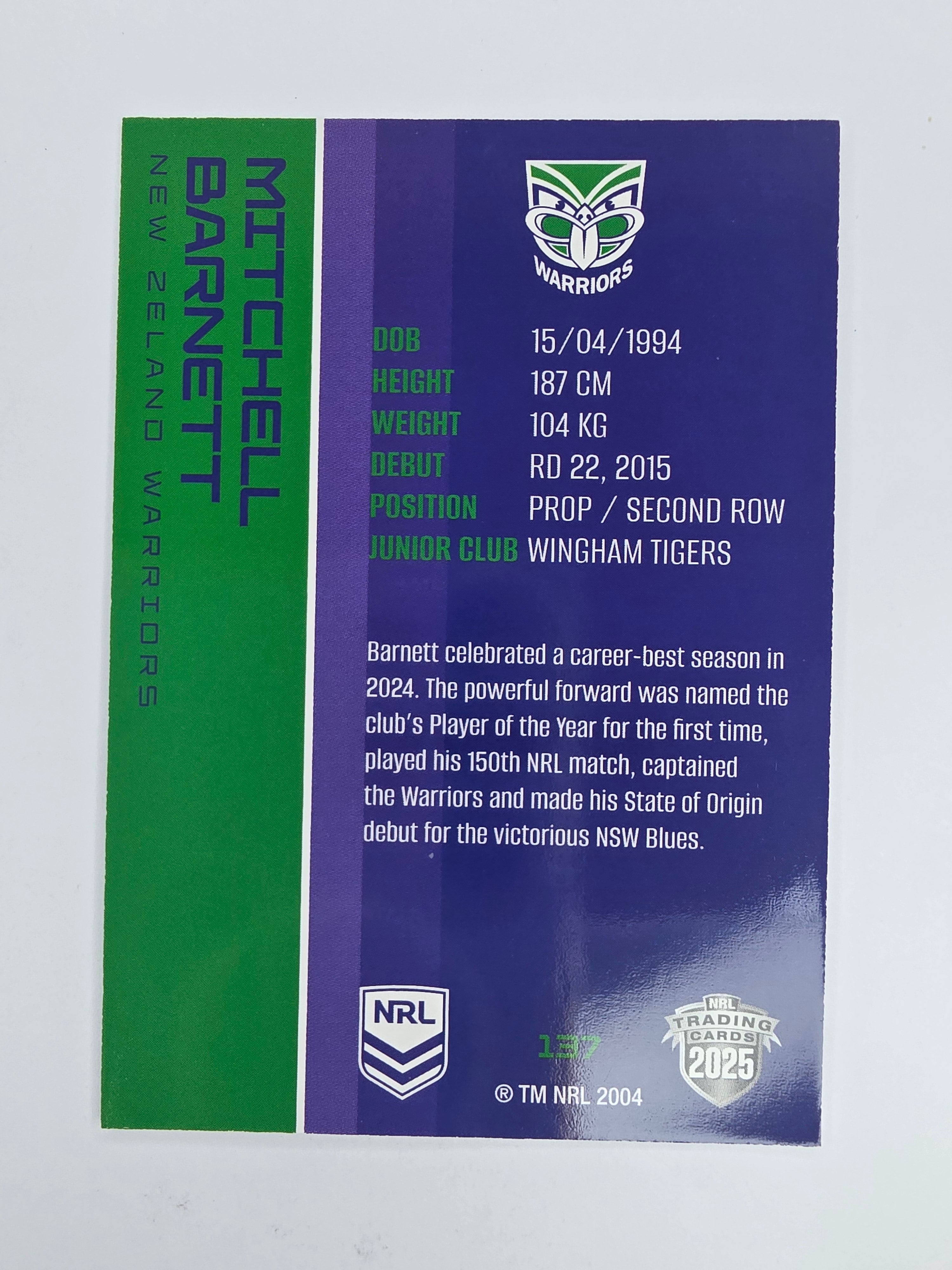 NRL 2025 Traders Base Card #137 Mitchell Barnett New Zealand Warriors
