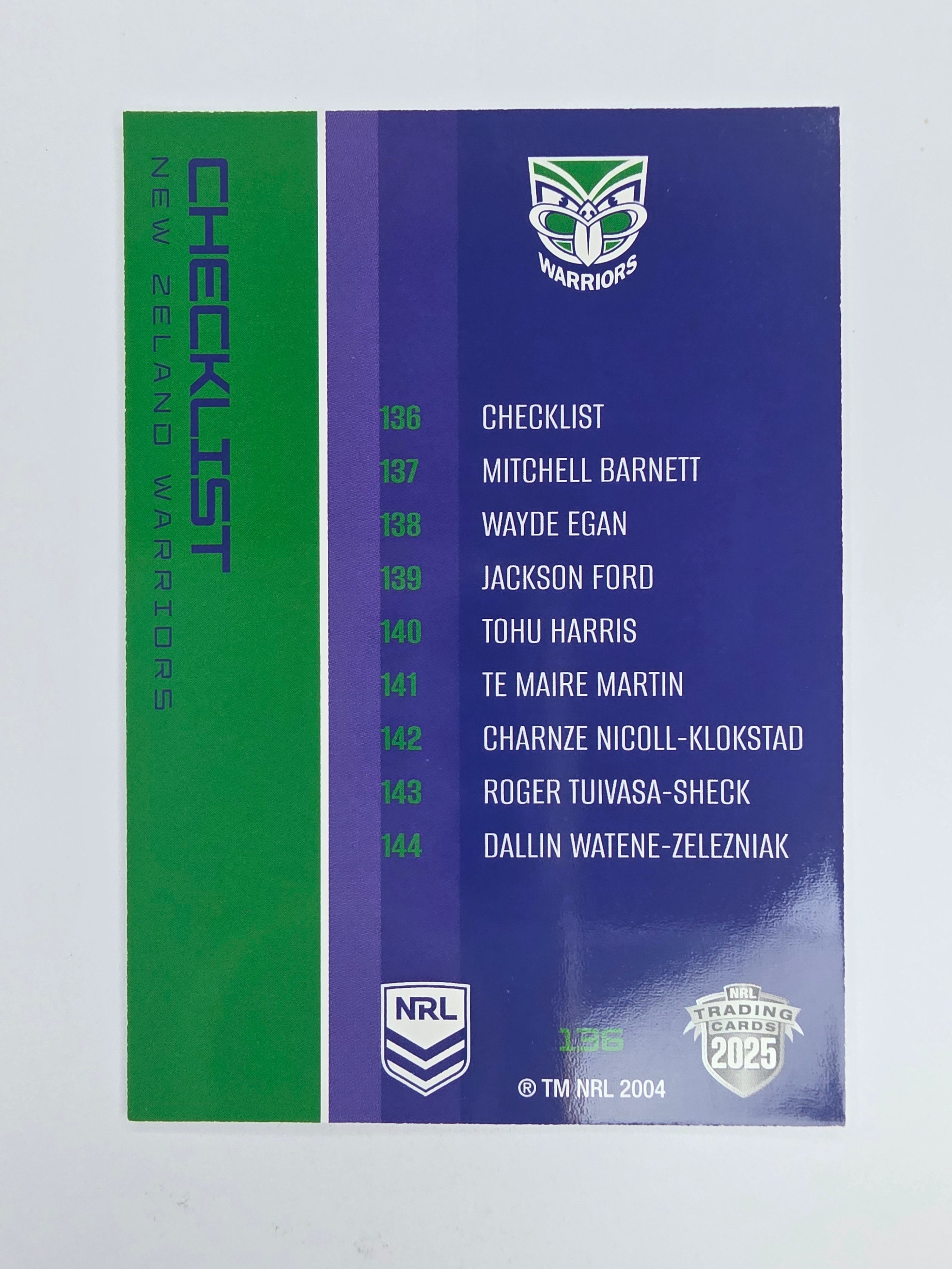 NRL 2025 Traders Base Card #136 Warriors Checklist New Zealand Warriors